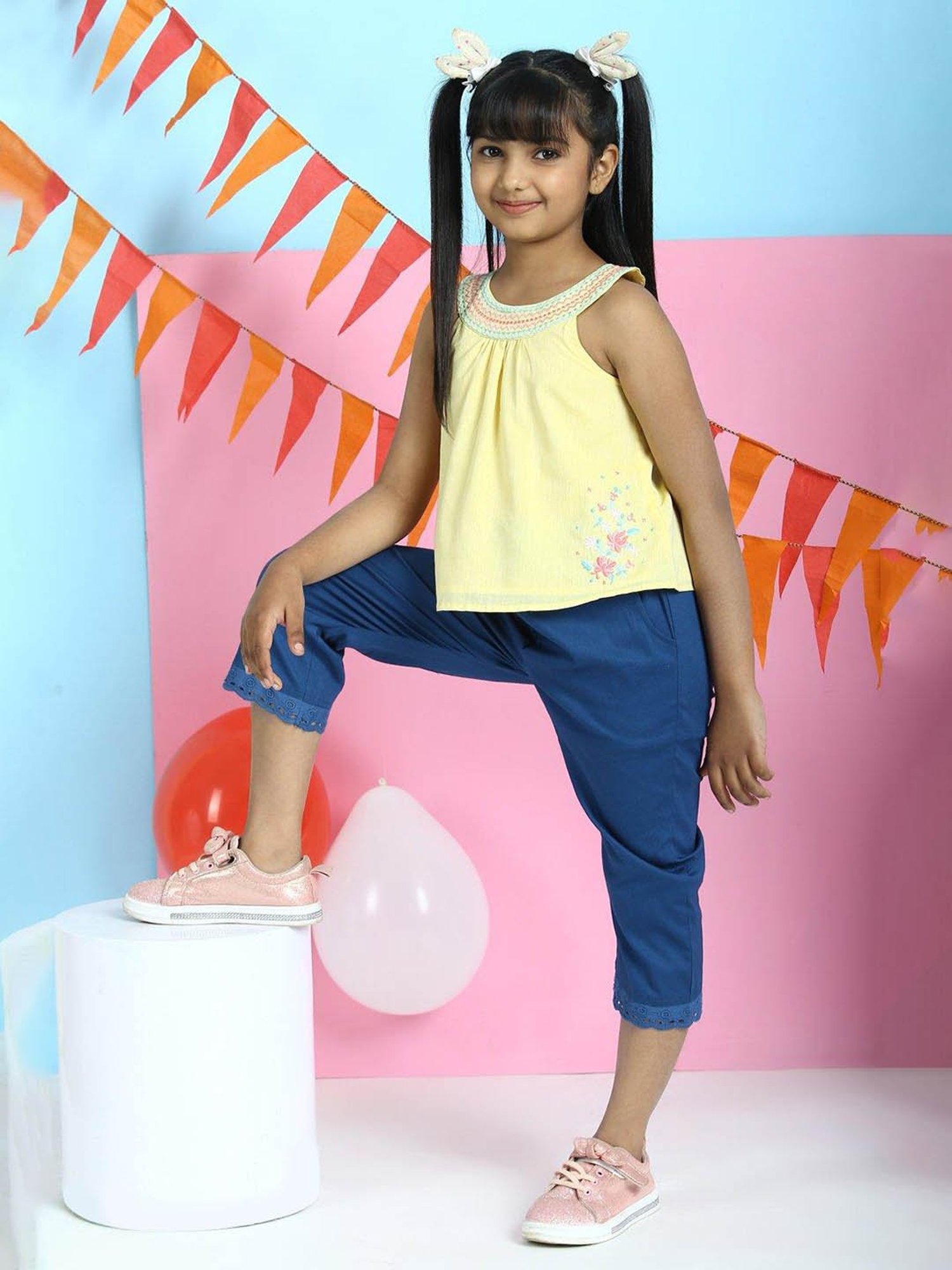 BIBA Girls Yellow Embroidered Top