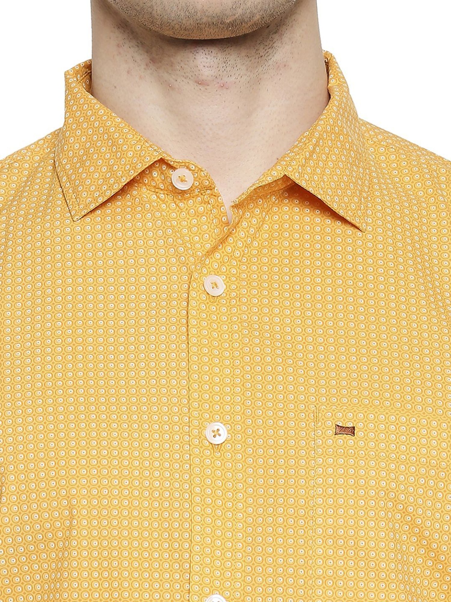 Basics Yellow Cotton Slim Fit Printed Shirt