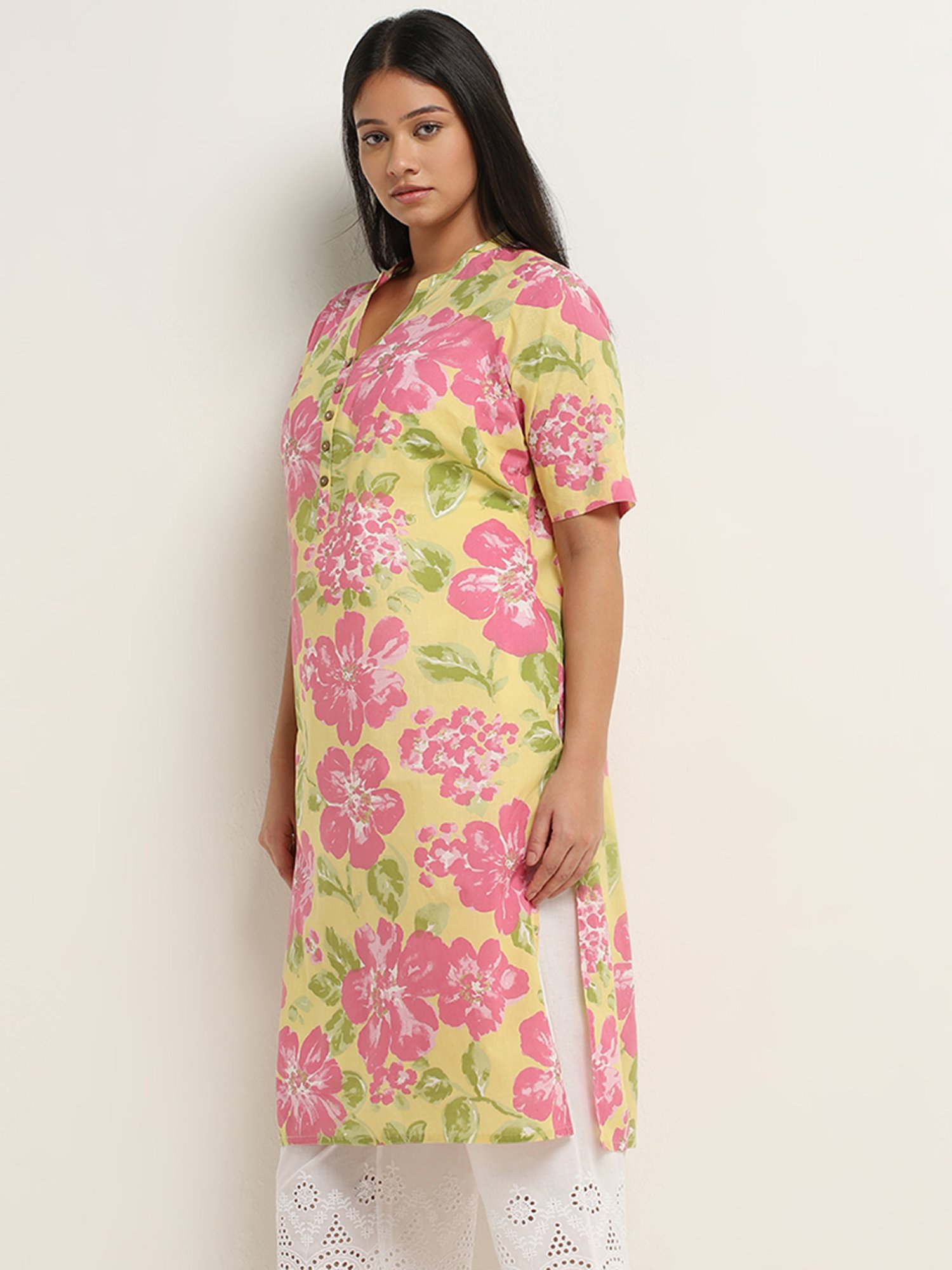 Diza by Westside Yellow Floral Printed Straight Cotton Kurta