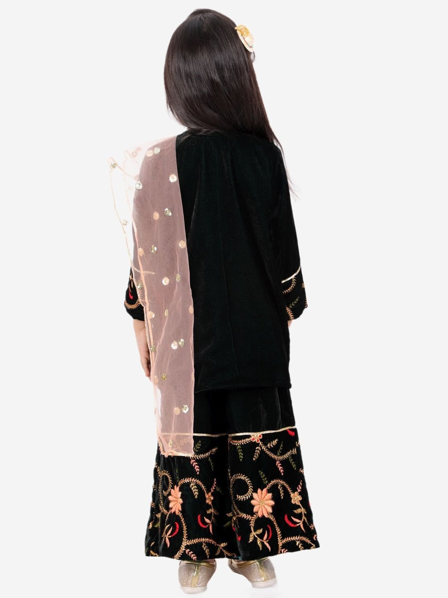 Little Bansi Kids Mehndi Green Embroidered Suit Set