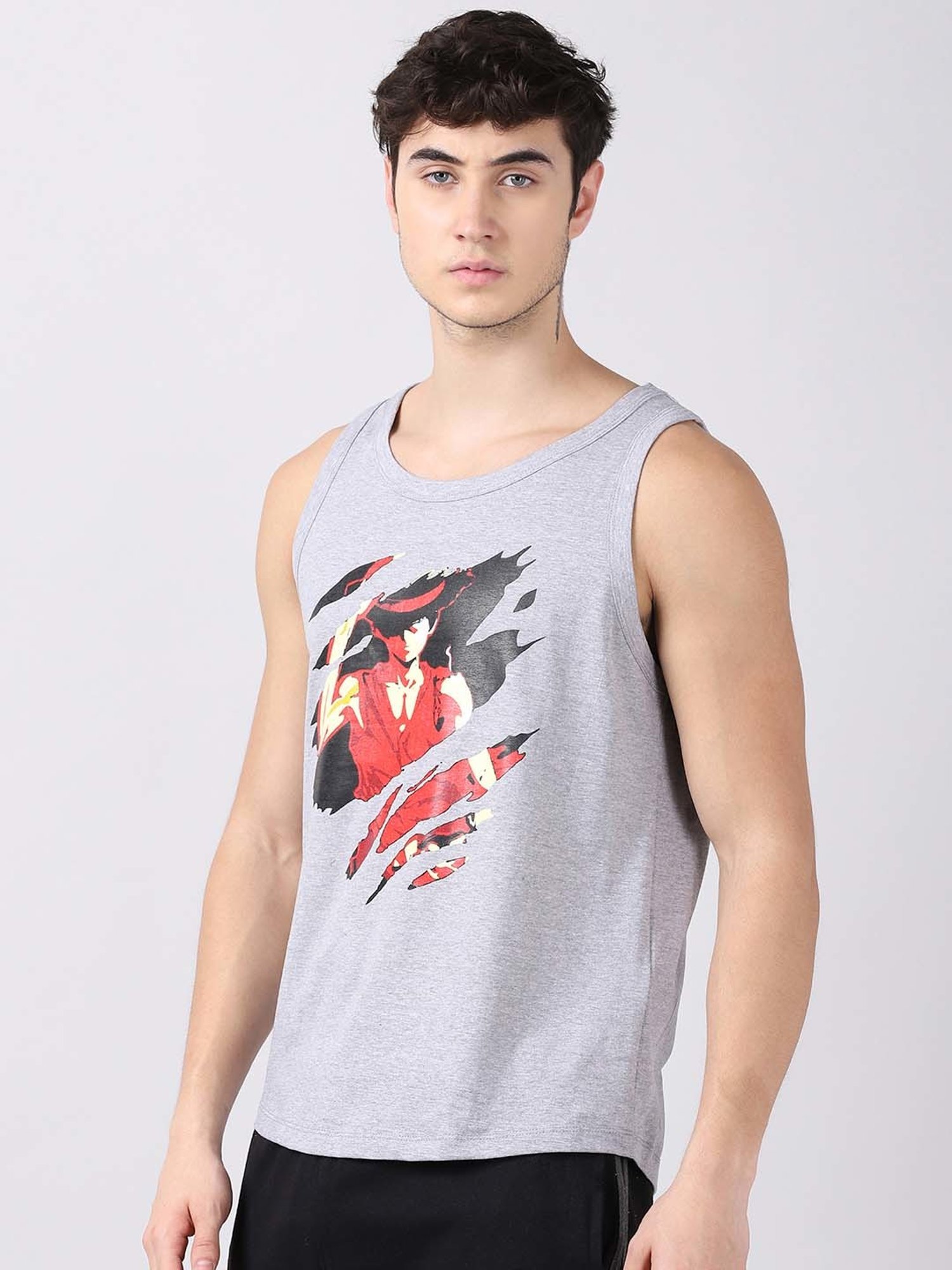 Bushirt Anime Dark Grey Printed Cotton Vest