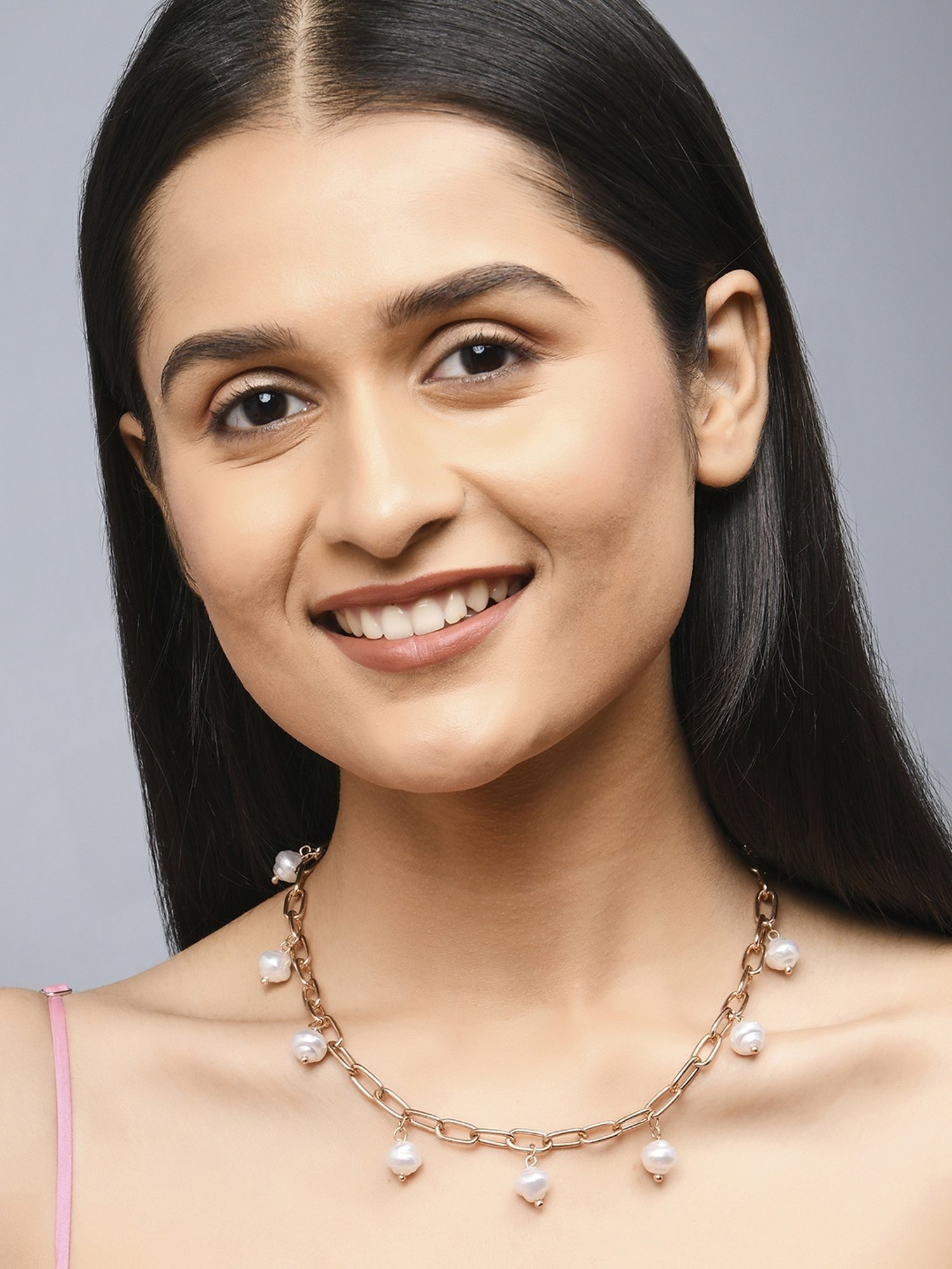 ToniQ Stylish Gold-Plated White Pearl Drops Link Necklace for Women