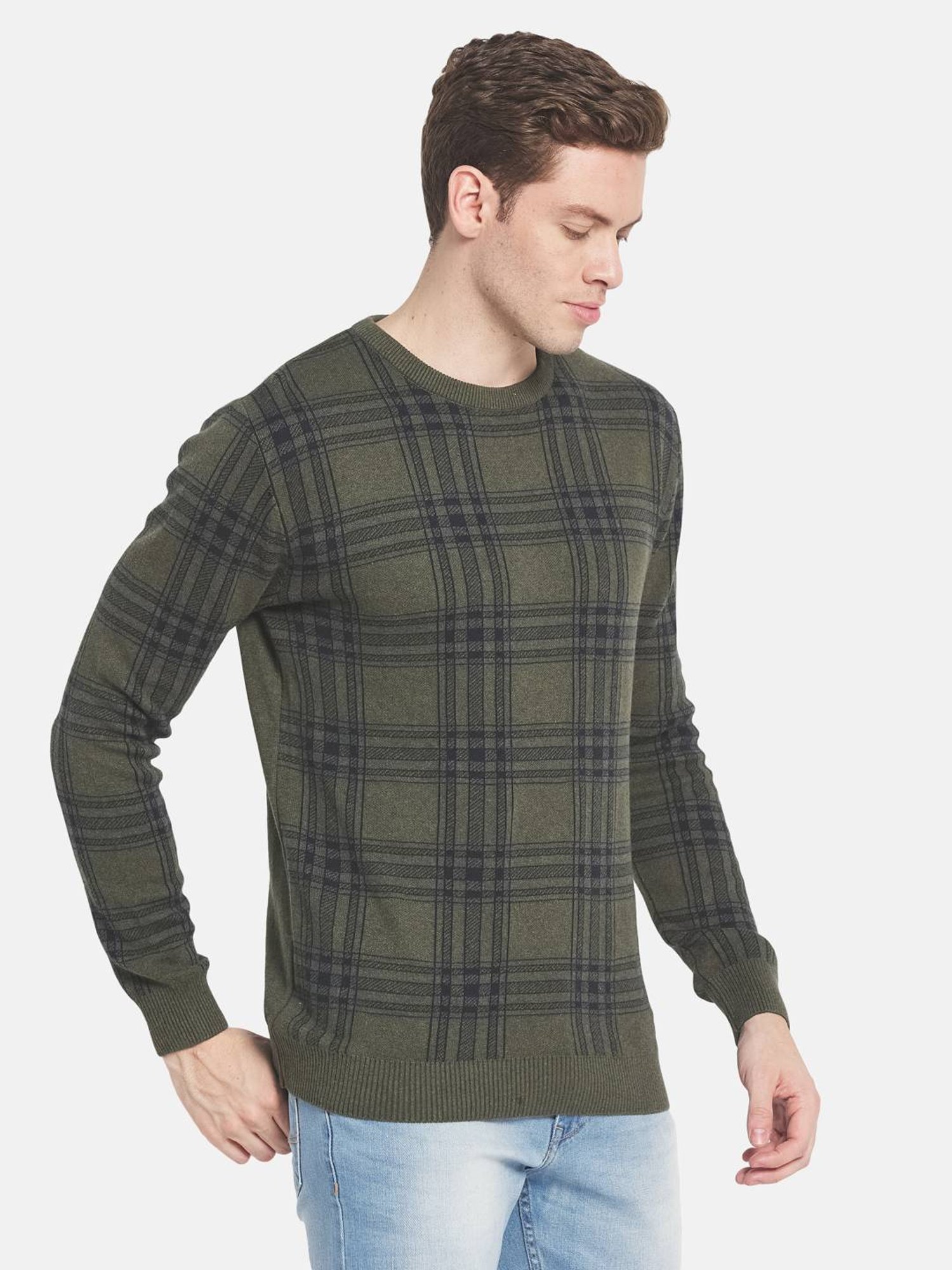 Mettle Olive Cotton Regular Fit Checks Sweater