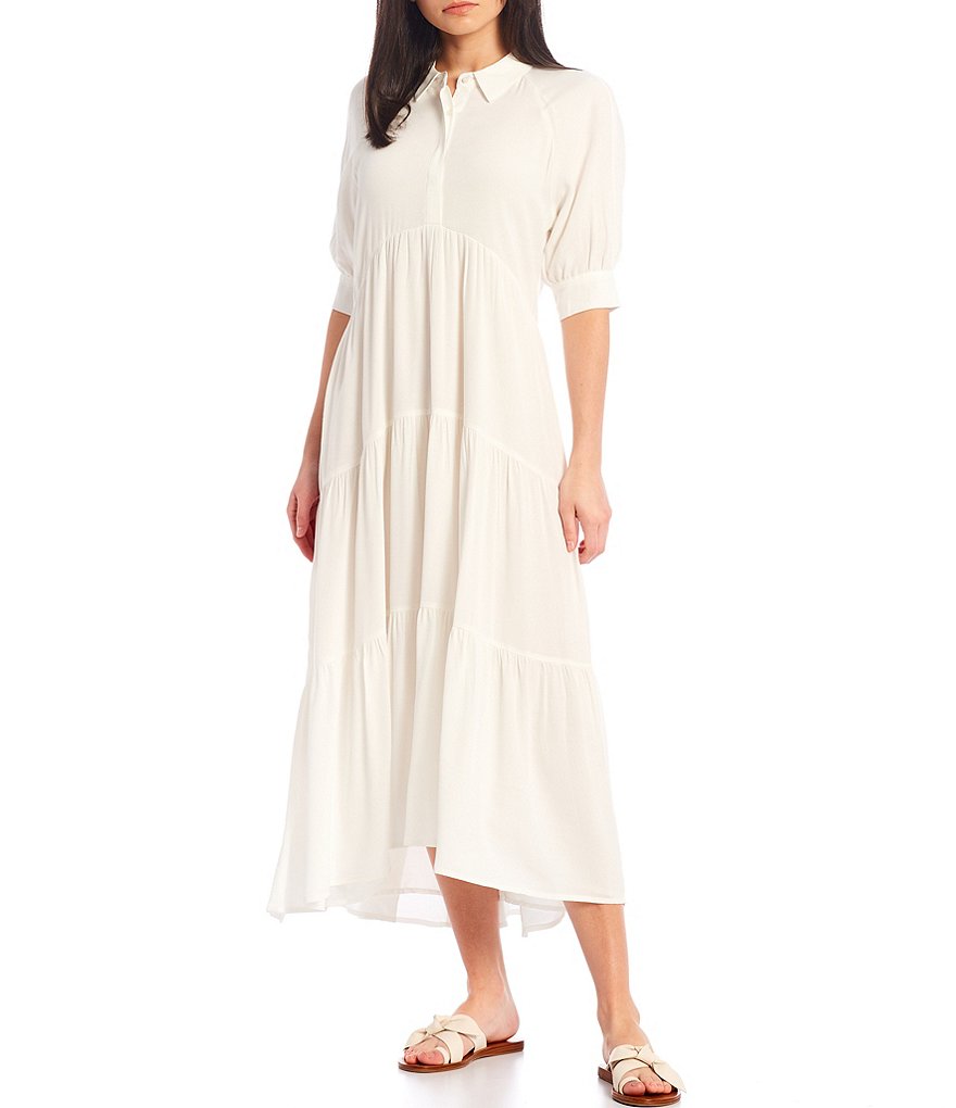 A Loves A Loose Fit Elbow Sleeve Tiered Midi Swing Dress