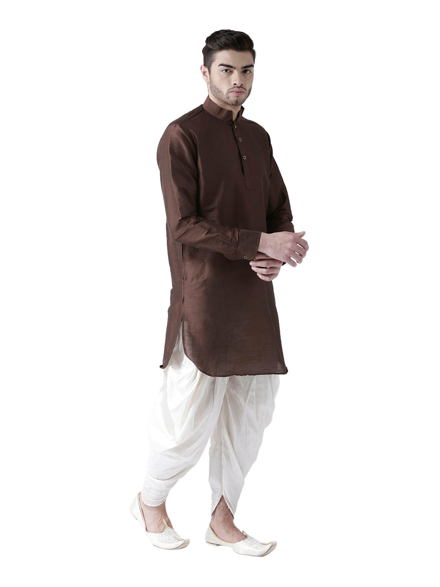 Deyann Dark Brown & White Mandarin Collar Silk Kurta Set