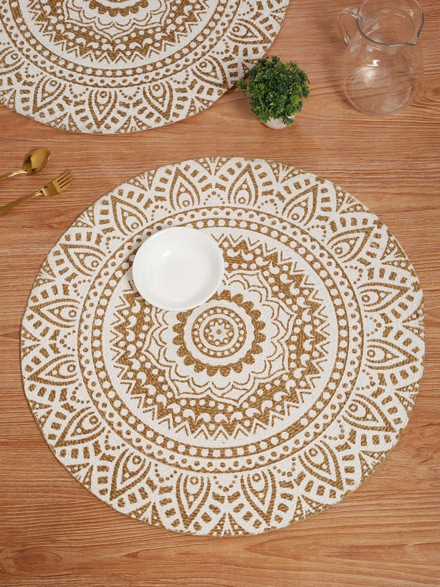 HOSTA HOMES Brown & White Cotton Digital Printed Centre Table Mat - Set of 2