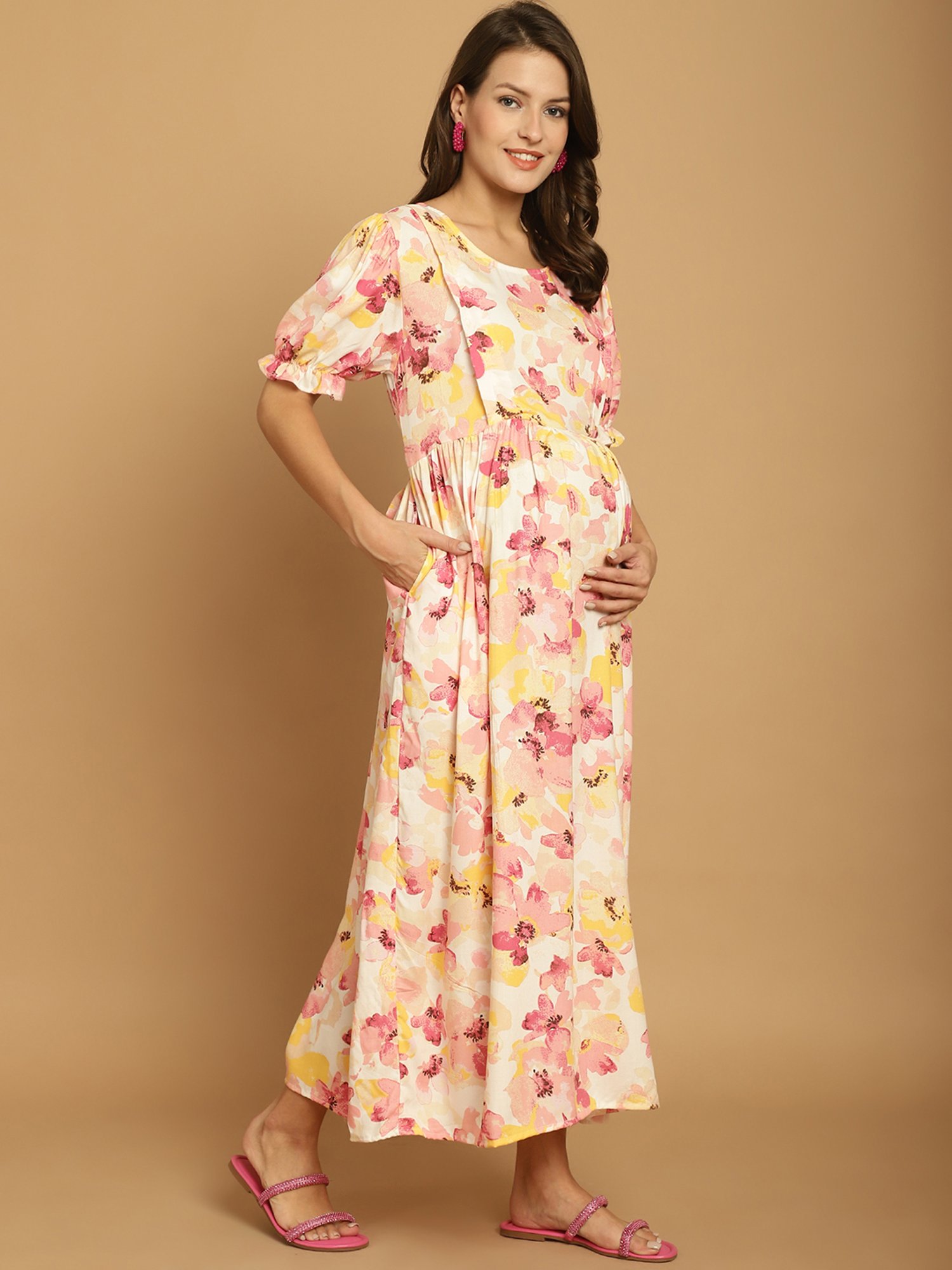 Secret Wish Beige Printed Maternity Night Dress