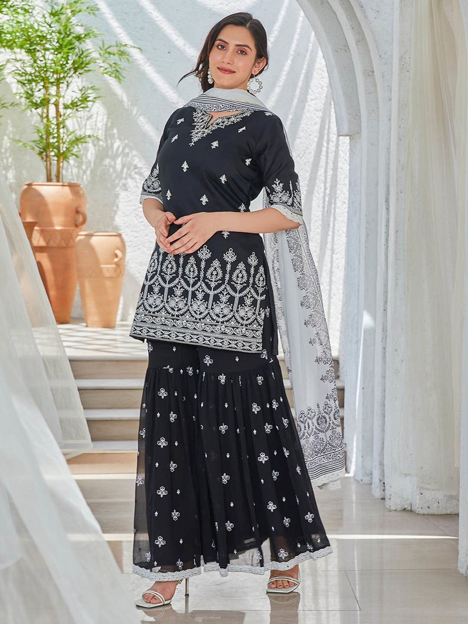 Biba Black Embroidered Kurta With Garara & Dupatta