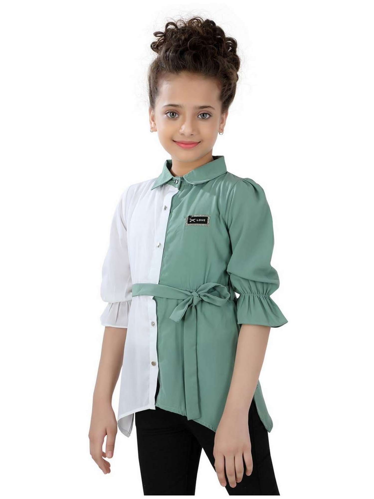 poplins Kids Green & White Cotton Color Block Top