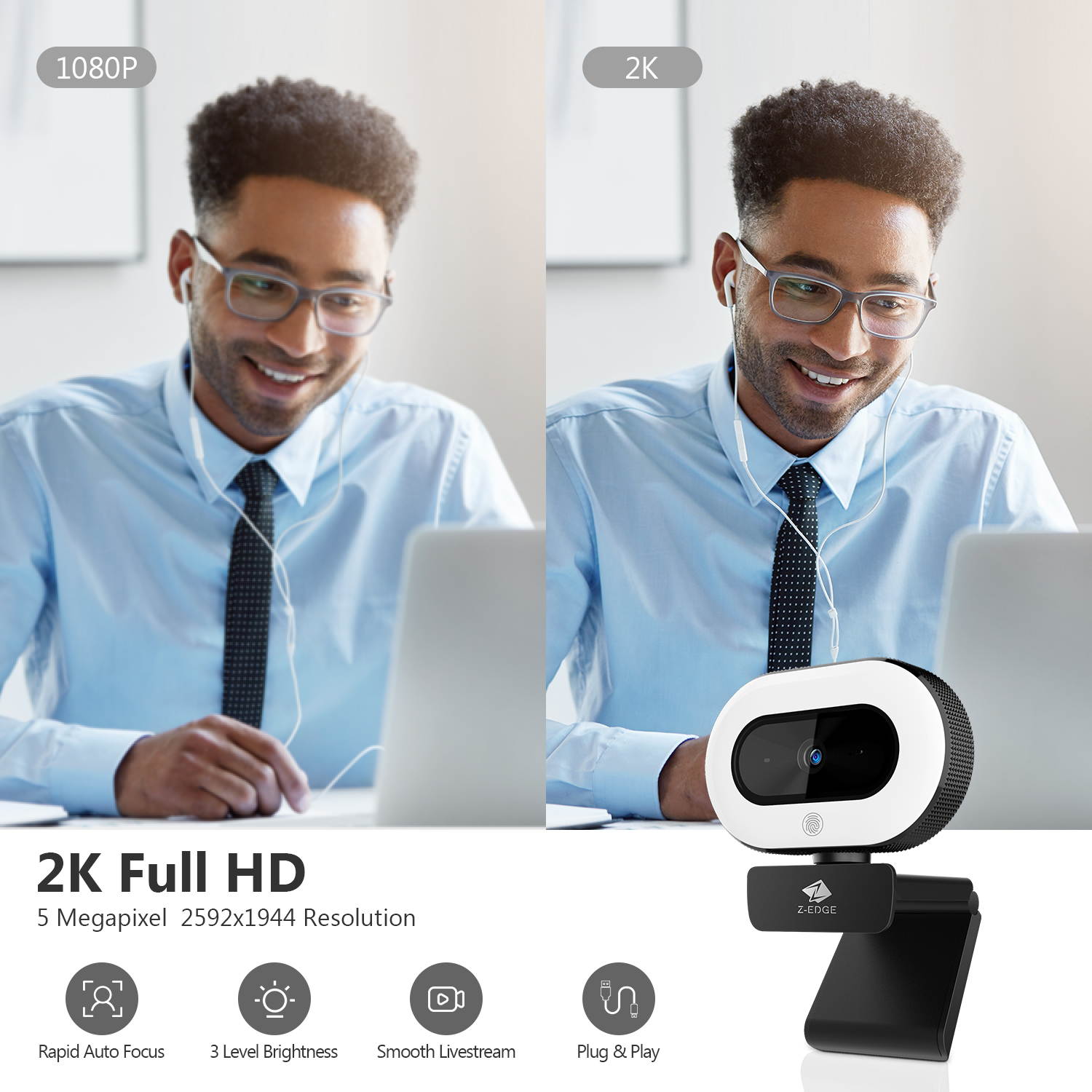 Z-EDGE ZW511 Full HD 1080P Webcam Auto Focus Web Camera for PC/Desktop/Laptop, Built-in Dual Stereo Microphone, Plug & Play, Compatible with Windows/Android/MAC OS