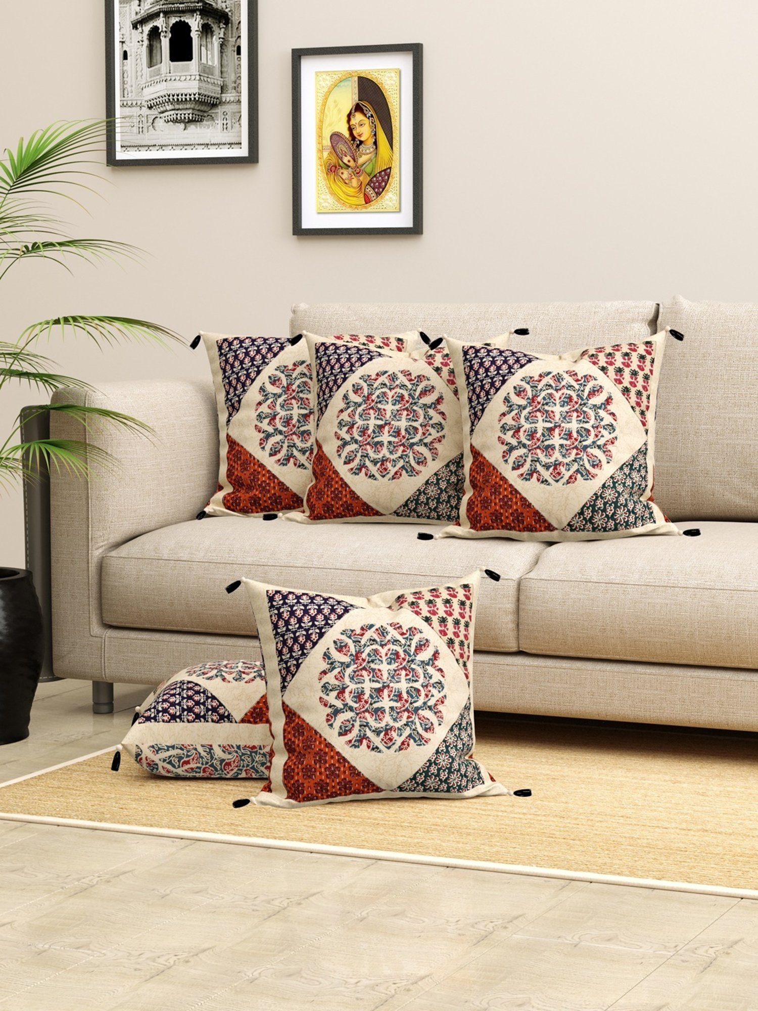Living Roots Jaipuri Multicolor Cotton Cushion Covers - Set of 5
