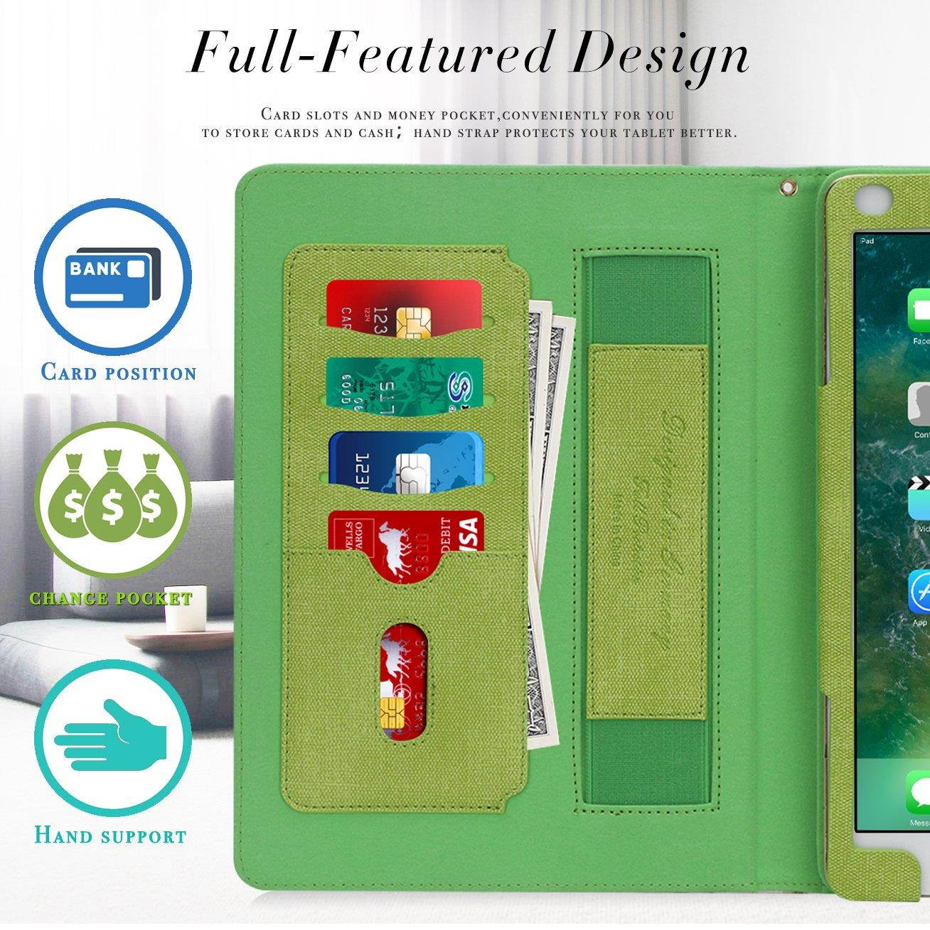 FYY Case for iPad 9.7 2018/2017 - Folio Case Stand Cover with Card Slots,Note Holder,Hand Strap for iPad 9.7 Case 2018/2017/iPad Air 2/iPad Air (with Auto Wake//Sleep Feature) Green+Navy