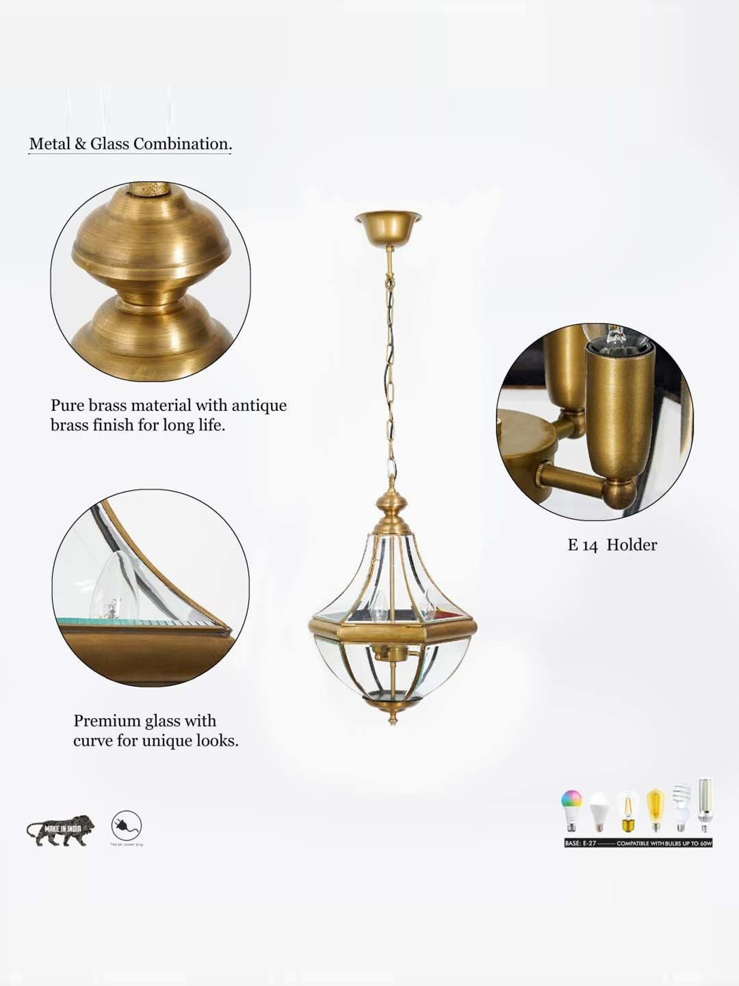 Kapoor Lamp Shades Antique Brass & Clear Costa Pendant Light