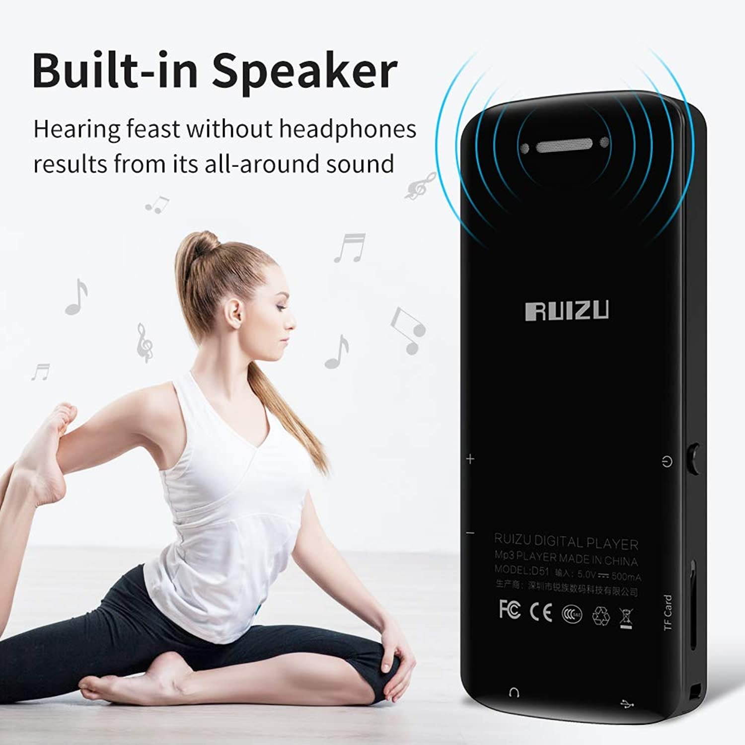 RUIZU Mp3 Player, Mp3 Player with Bluetooth, 8GB Portable HiFi Lossless Sound Music Player with Speaker, FM Radio, Voice Recorder, E-Book, Video Player, Pedometer, Support up to 128GB(Black)