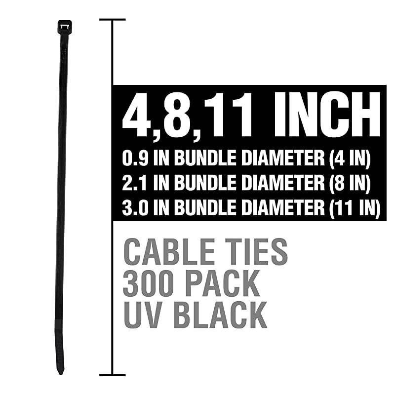 ZipIts Cable Ties Assortment 300 Pieces 4 Inch 8 Inch 11 Inch Zip Ties UV Black UL Listed Contractor Quality Industrial Strength