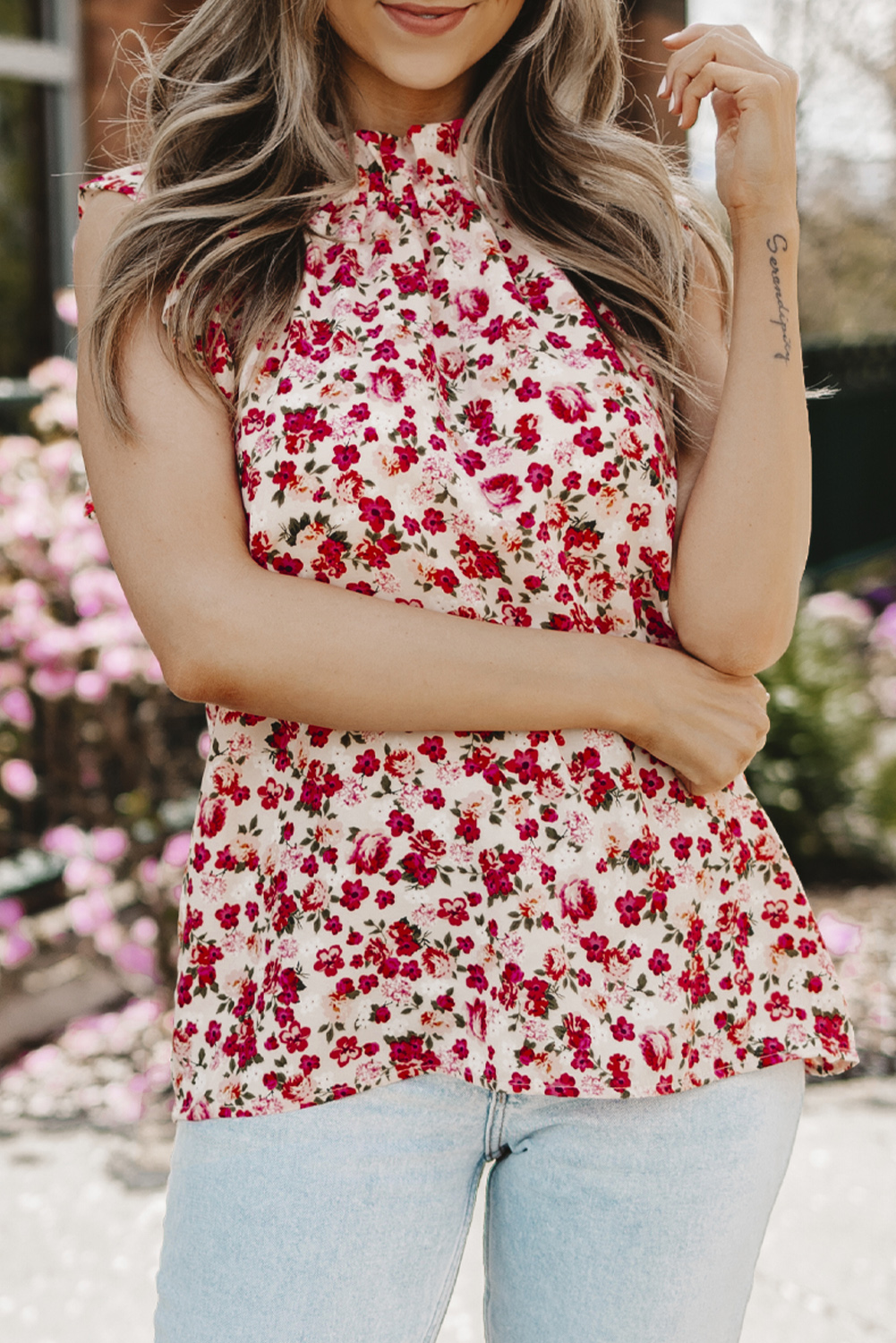 Red Boho Floral Print Ruffled Mock Neck Sleeveless Shirt