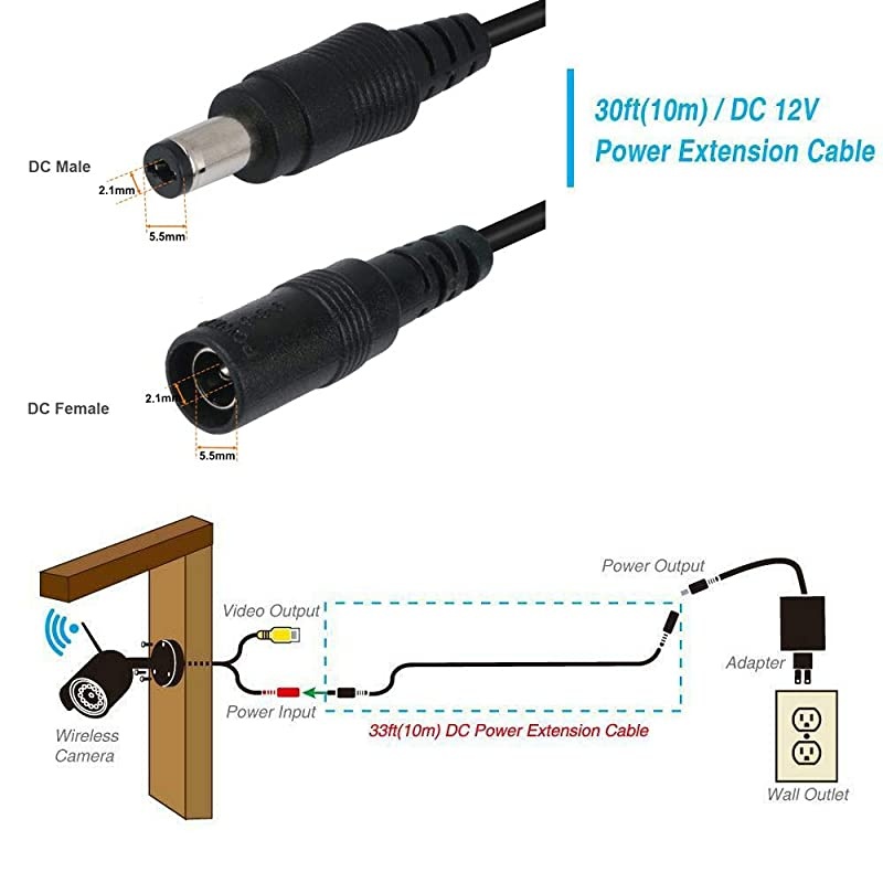 CCTV 15m 21x55mm Dc 12v Power Extension Cable for CCTV Security Cameras IP Camera Dvr Standalone15meters Black