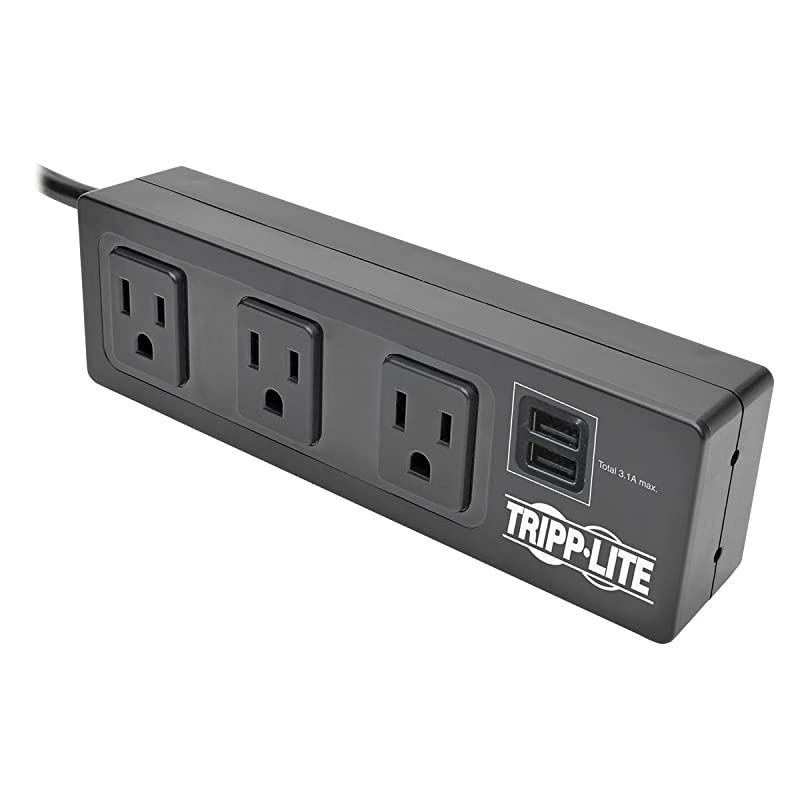 3 Outlet Surge Protector Power Strip with Mounting Brackets 10ft Cord 2 USB Charging Ports $20000 Insurance TLP310USBS
