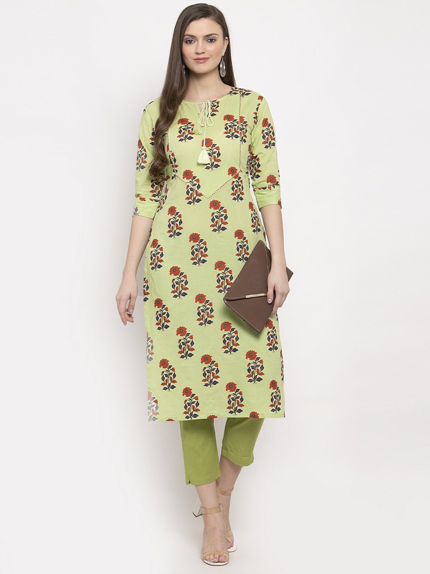 Indibelle Green Cotton Floral Print Straight Kurta