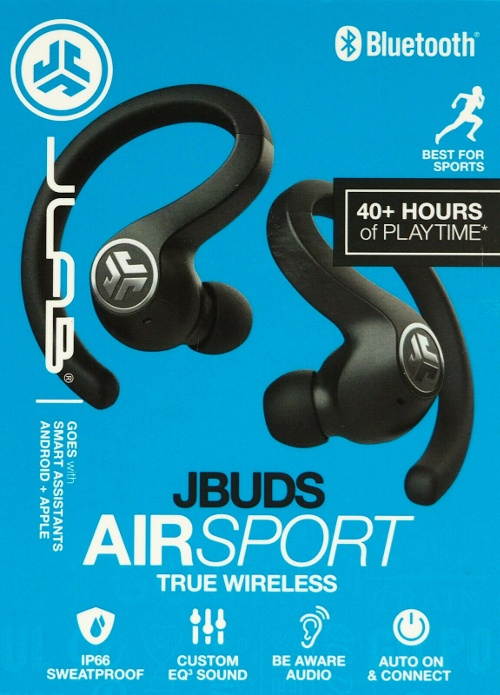jlab audio jbuds air sport true wireless bluetooth earbuds + charging case  black  ip66 sweat resistance  class 1 bluetooth 5.0 connection  3 eq sound settings jlab signature, balanced, bass boost