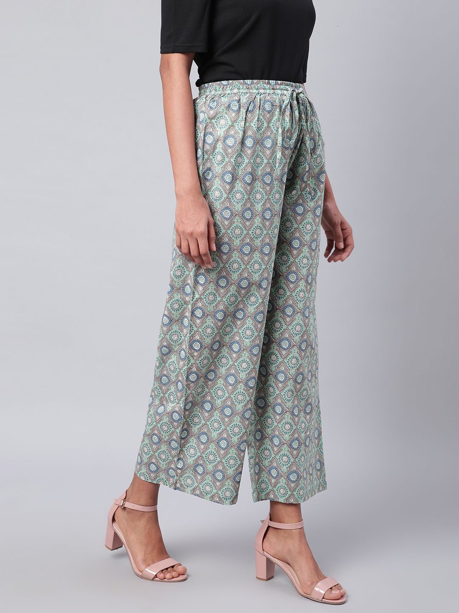 Sringam Grey Cotton Printed Palazzos