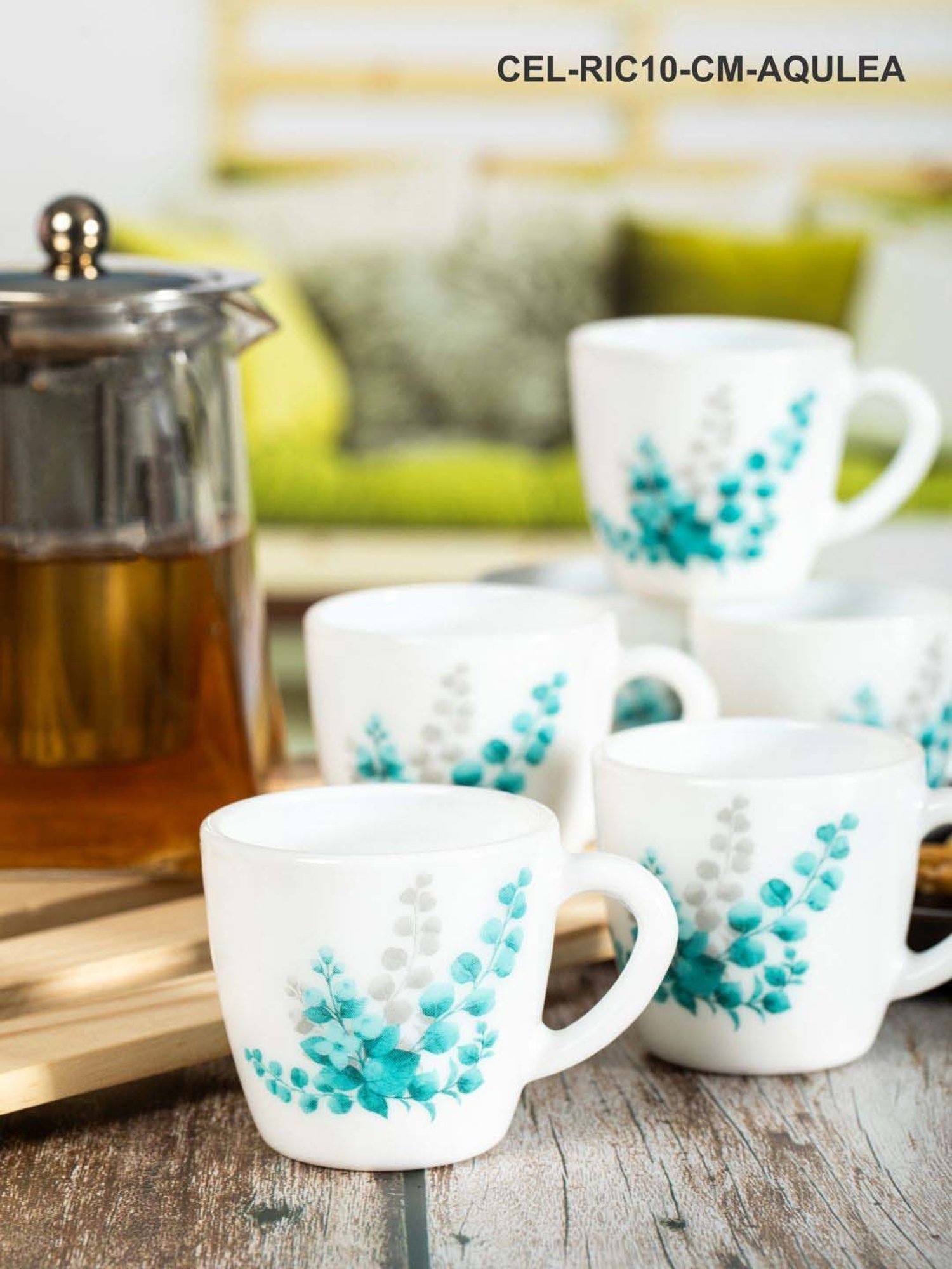 Cello Ricca White & Aqua Glass Coffee Mug (0.1 L) - Set of 6