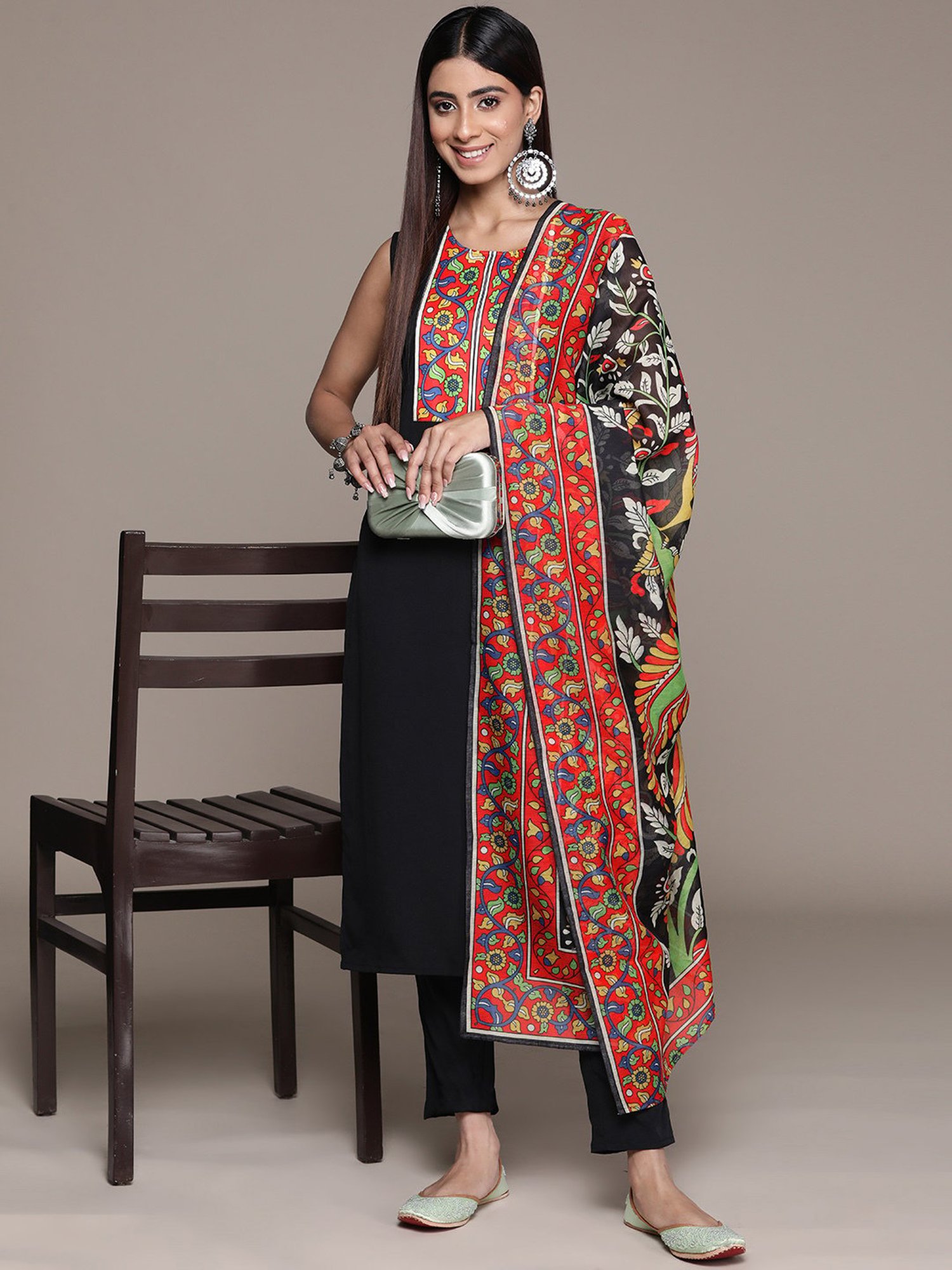 Ziyaa Black Printed Kurta With Pant & Dupatta
