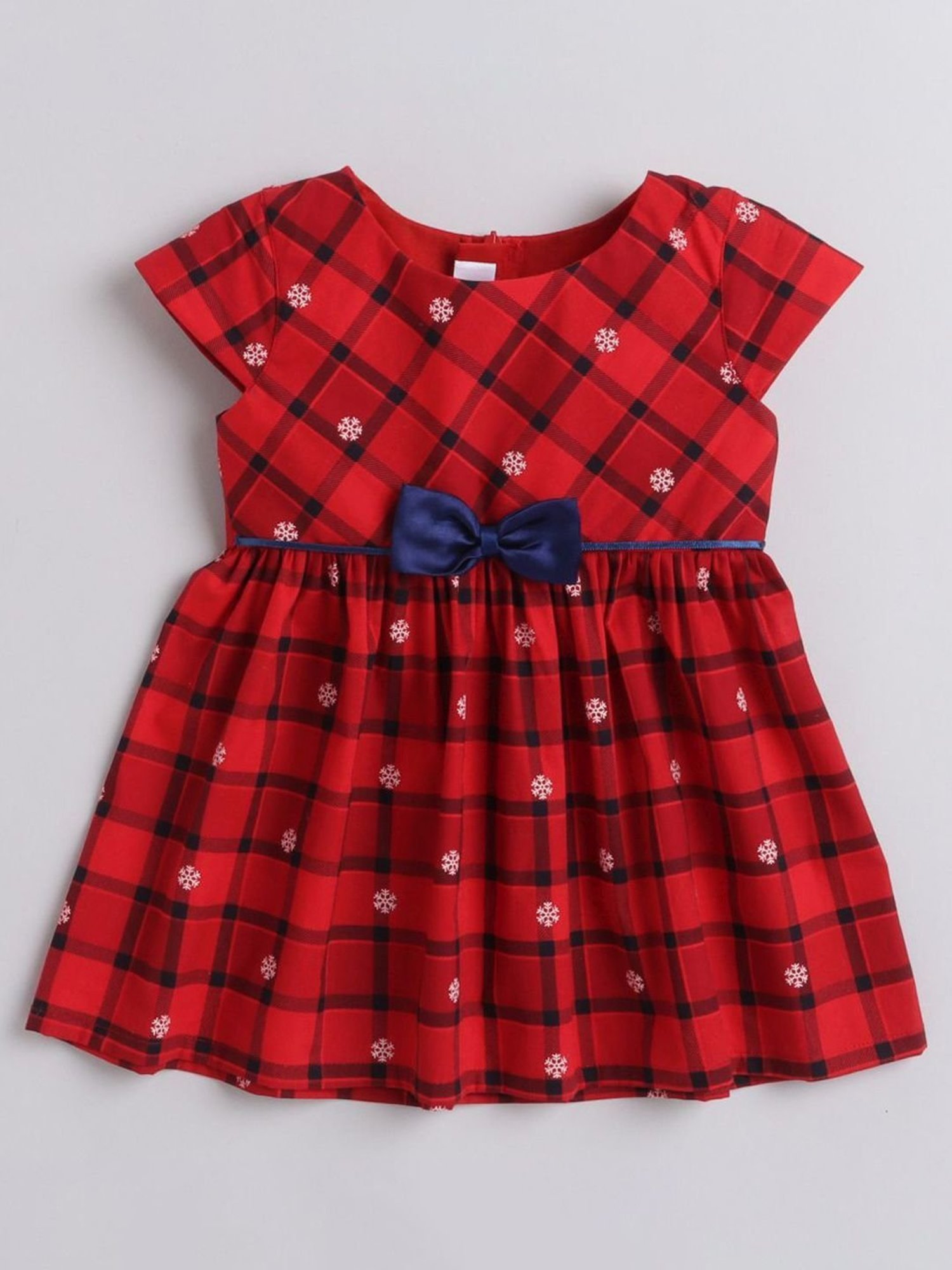 Many Frocks Kids Red Cotton Chequered Snow Flakes Dress