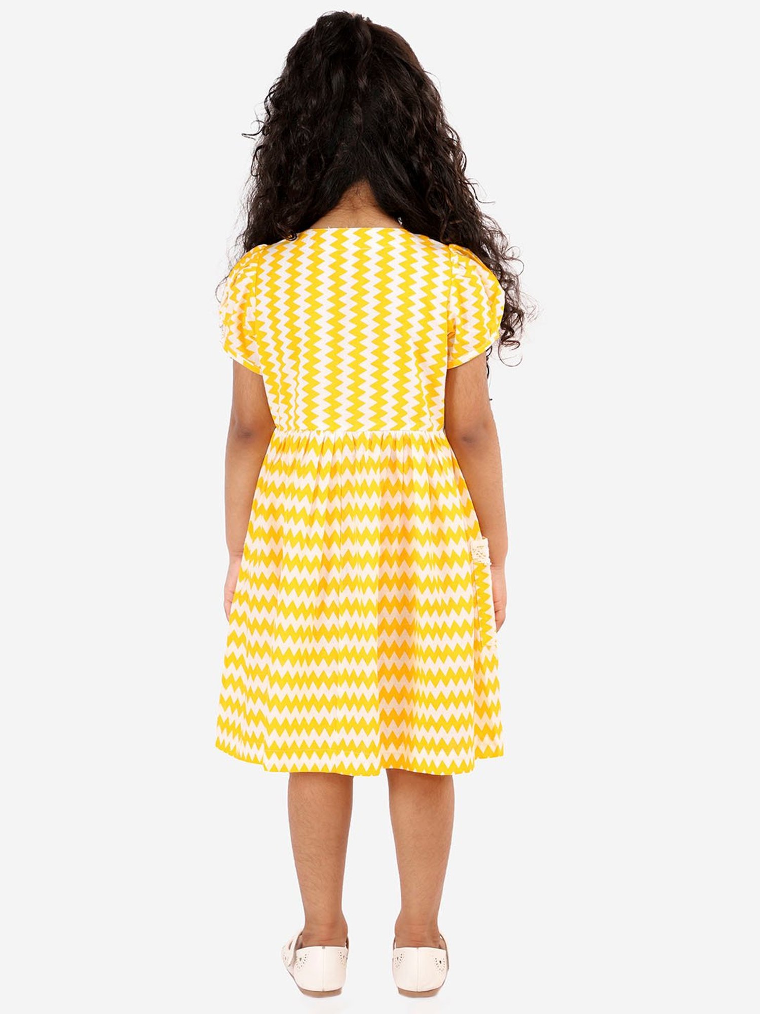 Lil Drama Kids Yellow & White Printed Dress