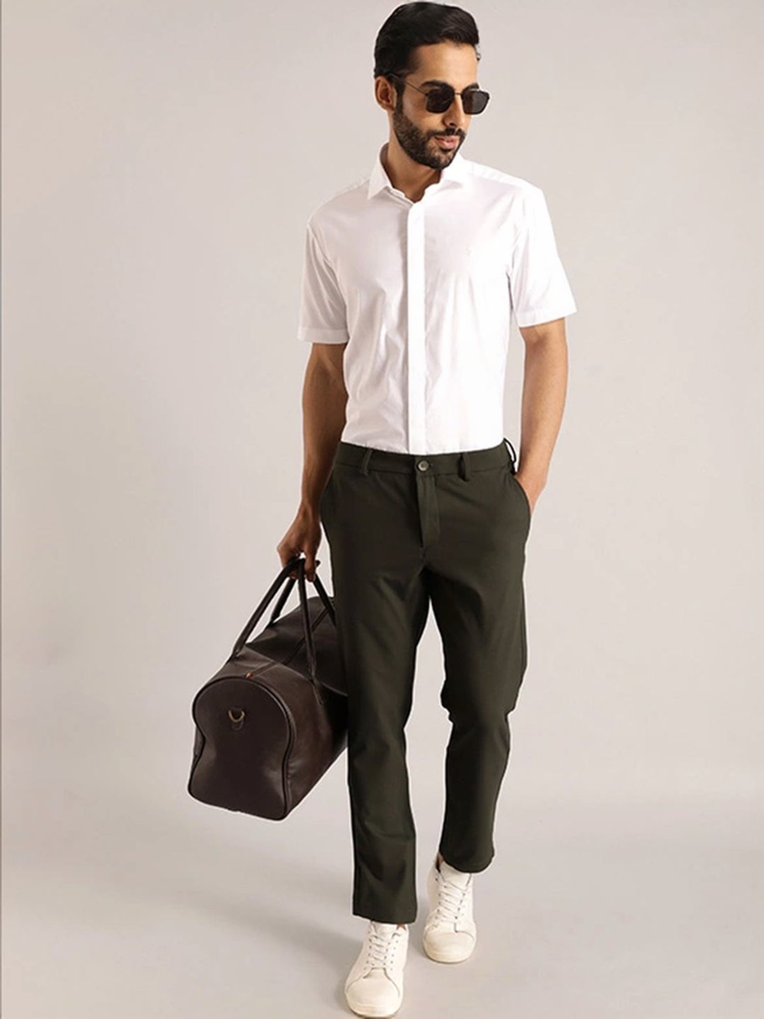 Slowave Beige Regular Fit Flat Front Trousers