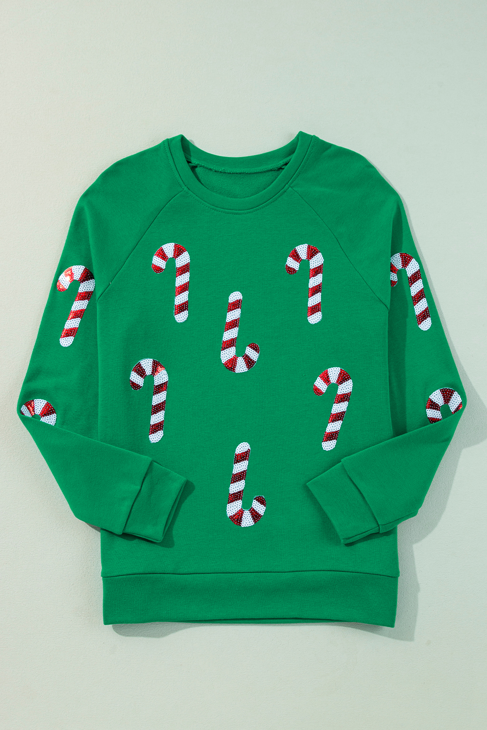 Green Sequin Christmas Candy Cane Graphic Pullover Sweatshirt