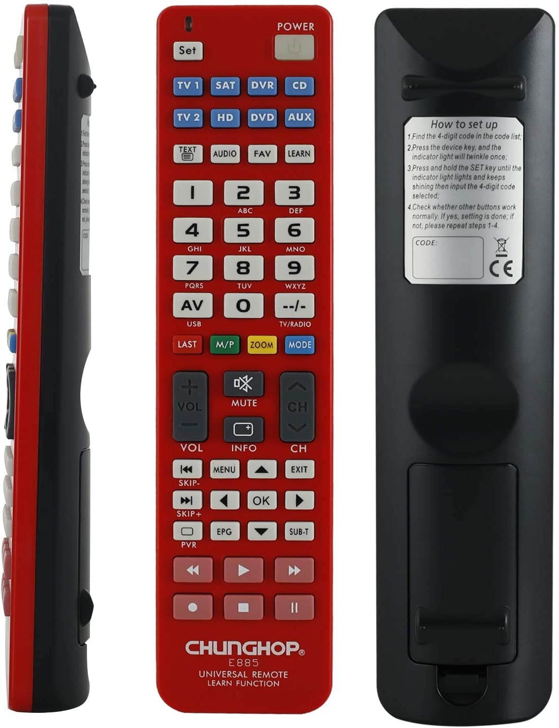 CHUNGHOP Universal IR Learning Remote Control for Smart TV SAT DVD AUX CD VCR DVR 8 in 1 E885 Multifunctional Controller