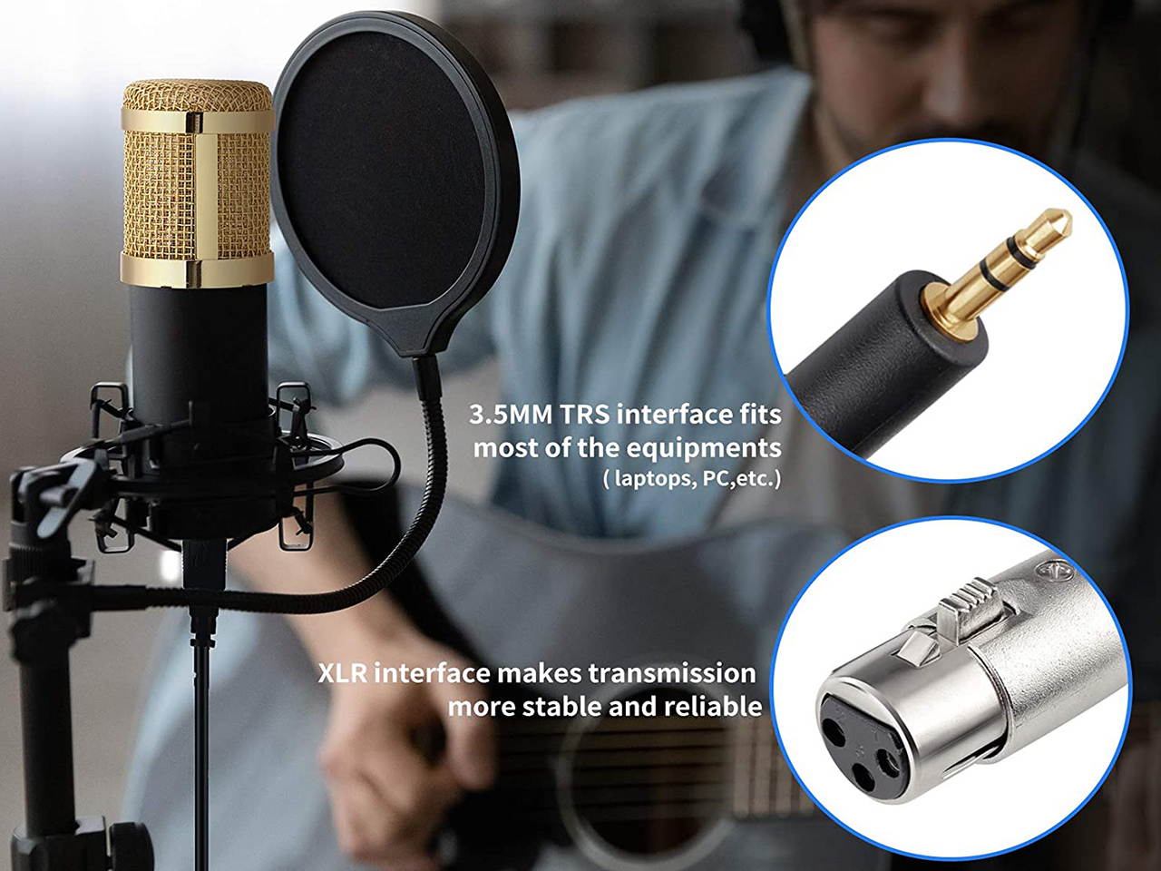 Condenser Microphone
Uni-Directional Condenser Microphone Adjustable Mic Suspension Scissor Arm, Metal Shock Mount and Double-Layer Pop Filter for Studio Recording & Broadcasting (Gold)