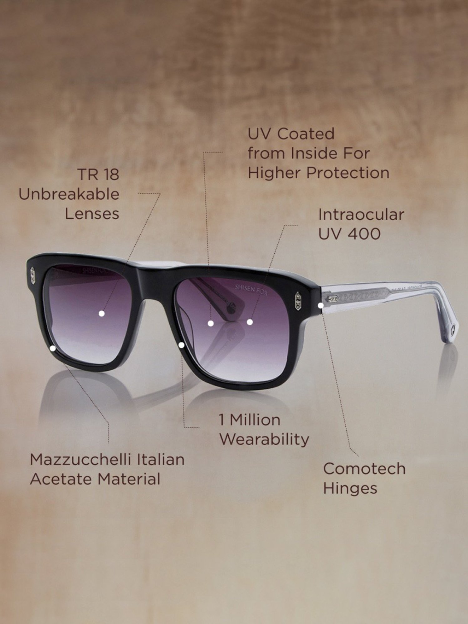 Shisen Fox Yorokobi Piano Black/smoke Square Unisex UV Protection Sunglasses -54 mm