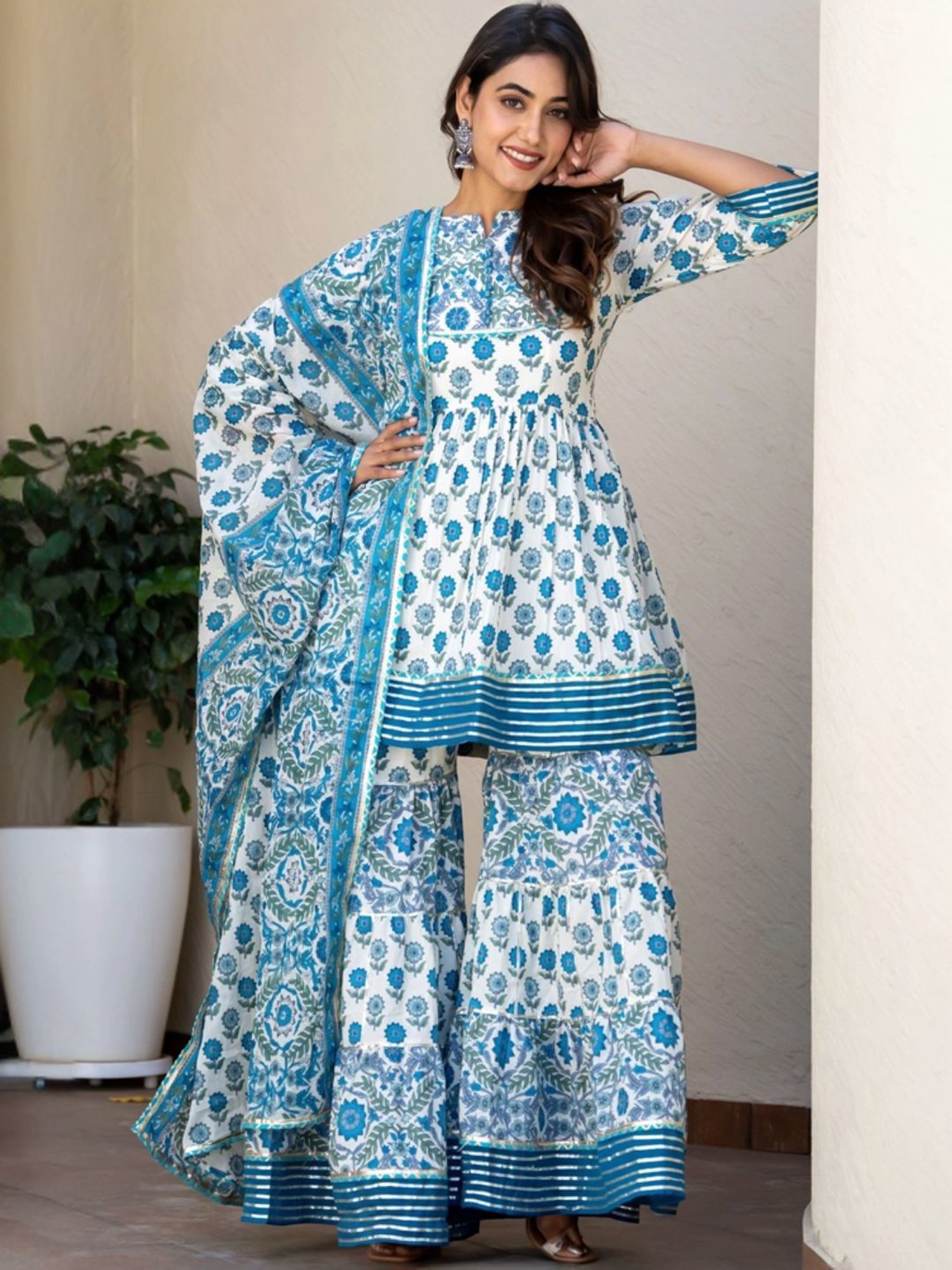 HOUSE OF JAMOTI Blue Cotton Printed Short Kurti Sharara Set With Dupatta