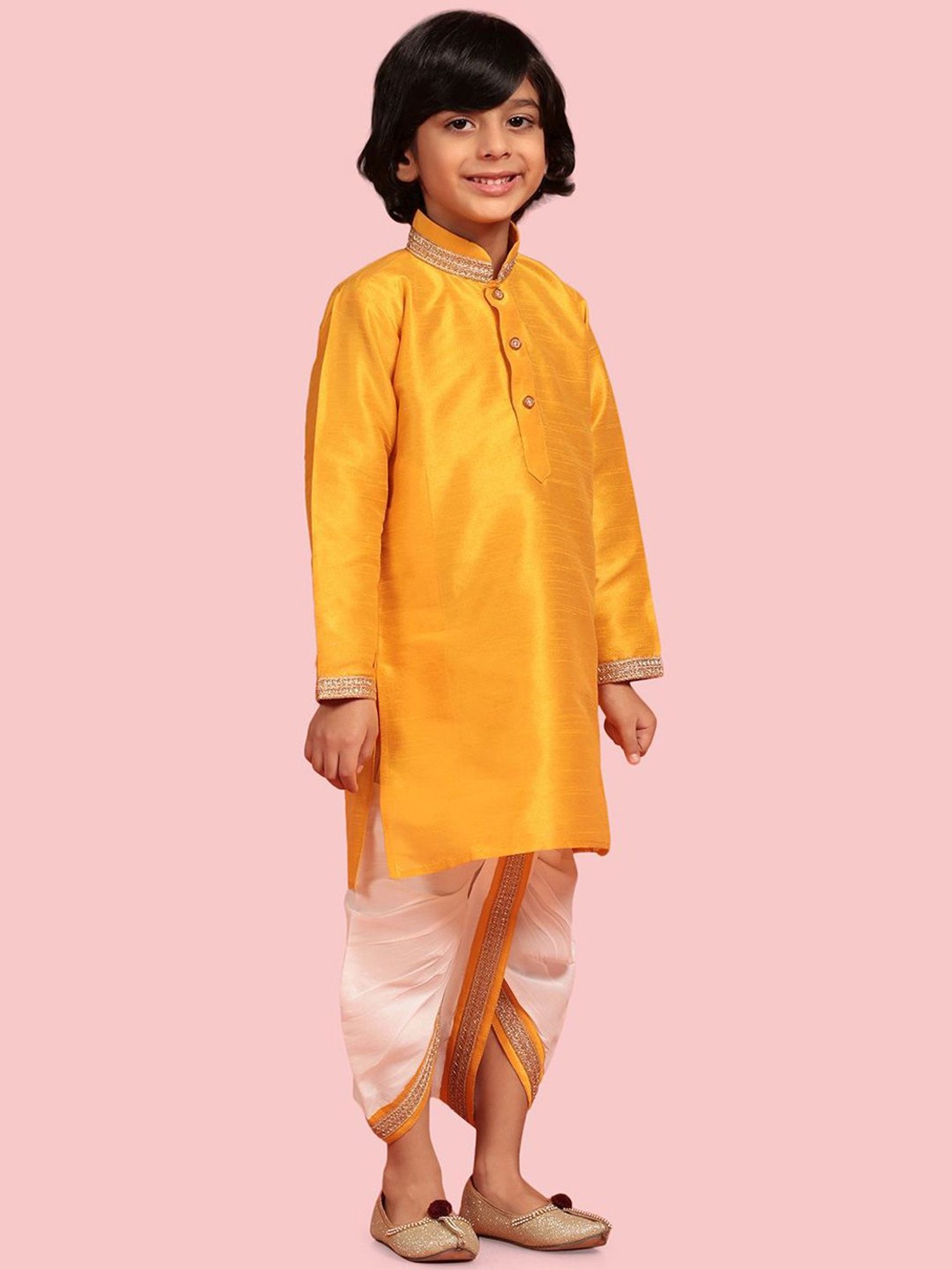 AJ Dezines Kids Yellow & White Embroidered Full Sleeves Kurta Set