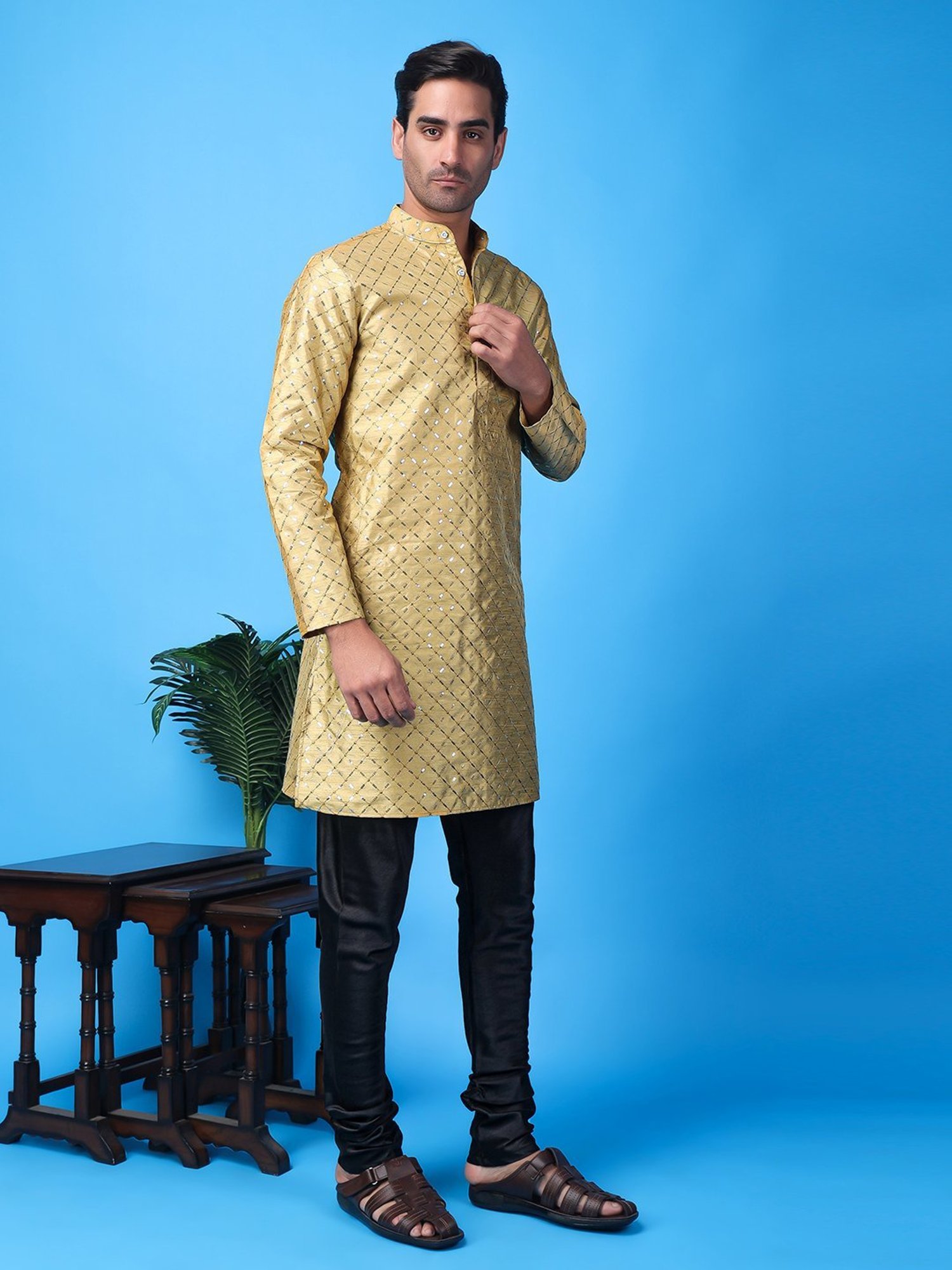 Hangup Khaki & Black Regular Fit Embellished Kurta Bottom Set