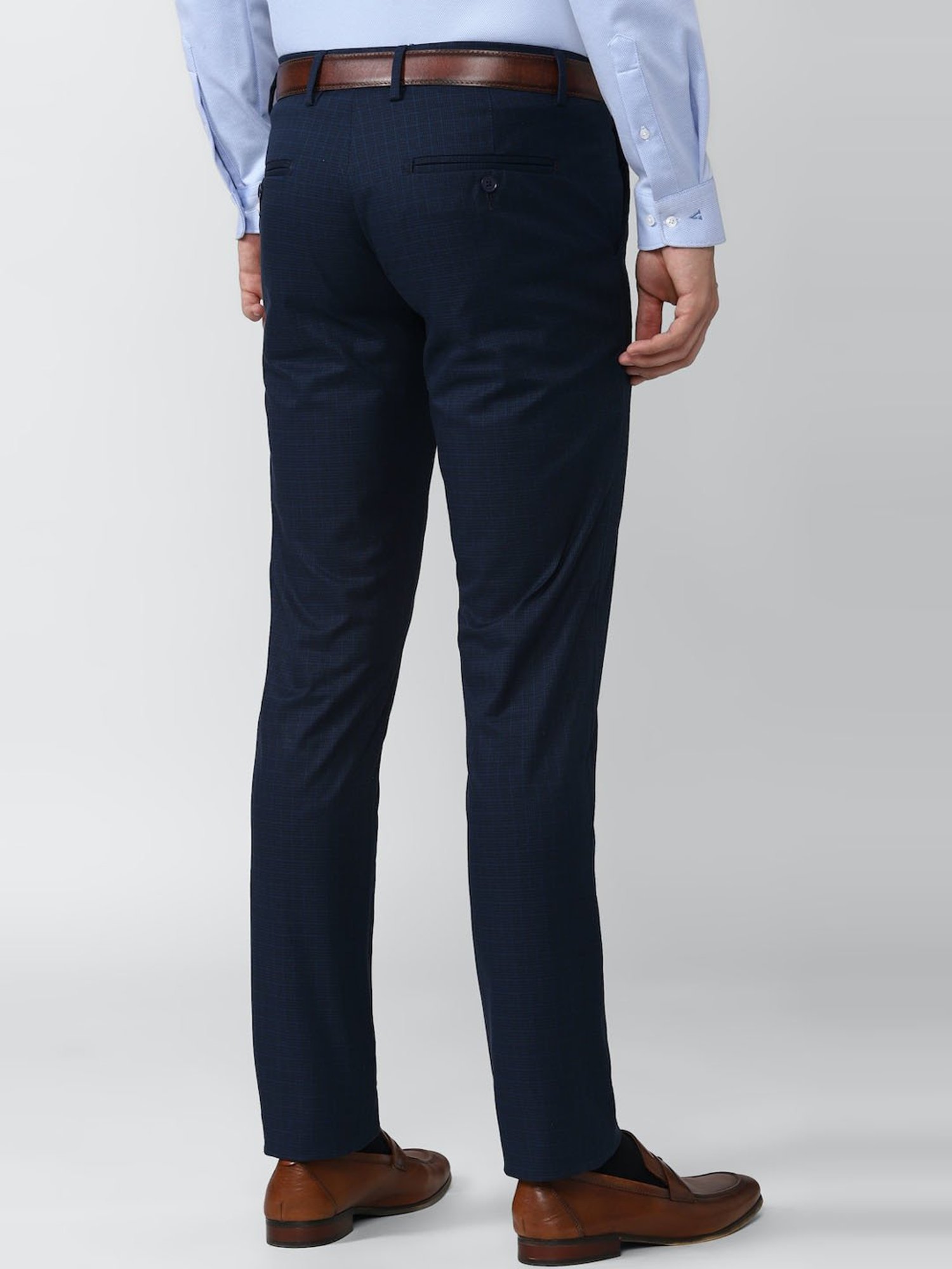 Van Heusen Navy Cotton Slim Fit Checks Trousers