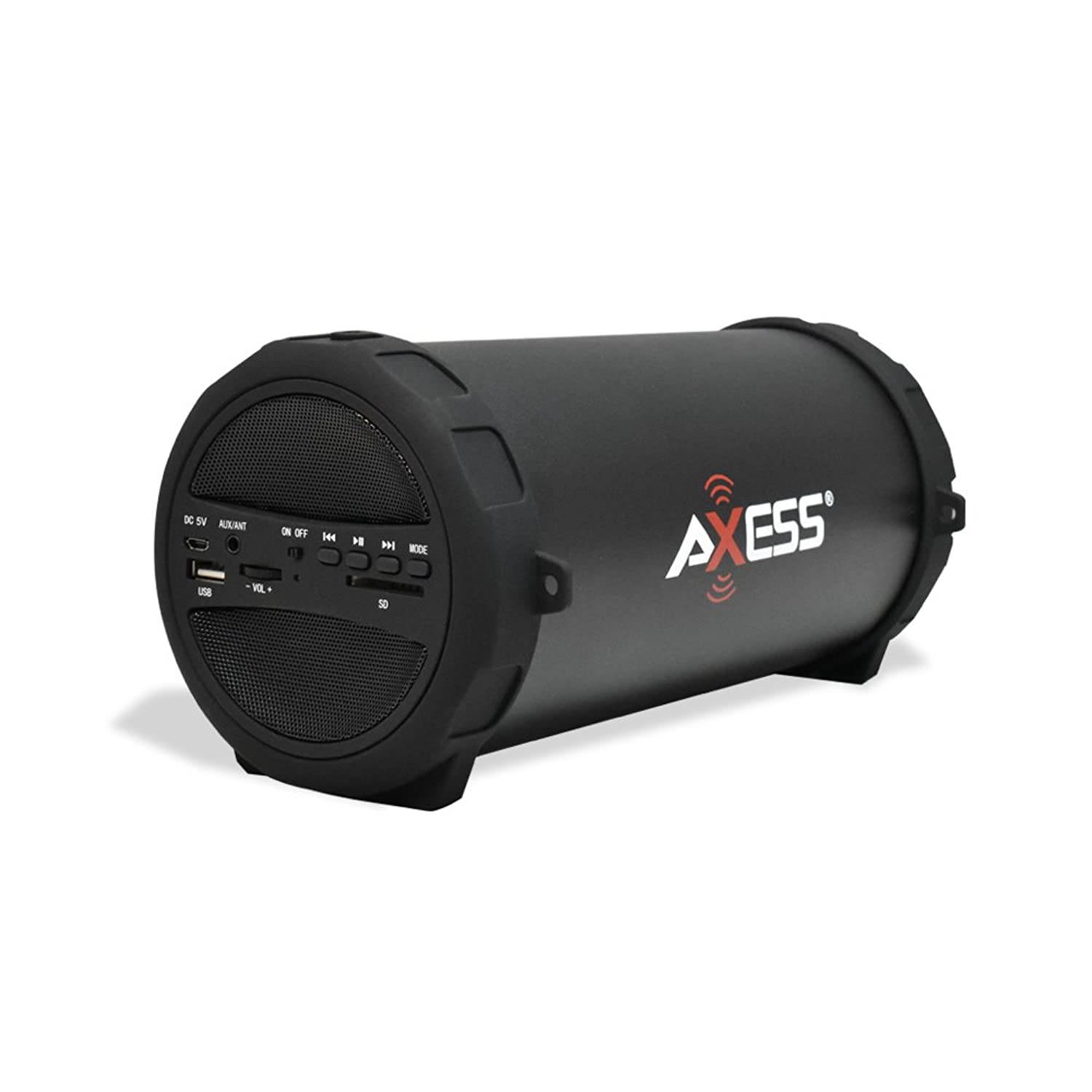 AXESS SPBT1041 Portable Thunder Sonic Bluetooth Cylinder Loud Speaker with Built-In FM Radio, SD Card, USB, AUX Inputs in Black