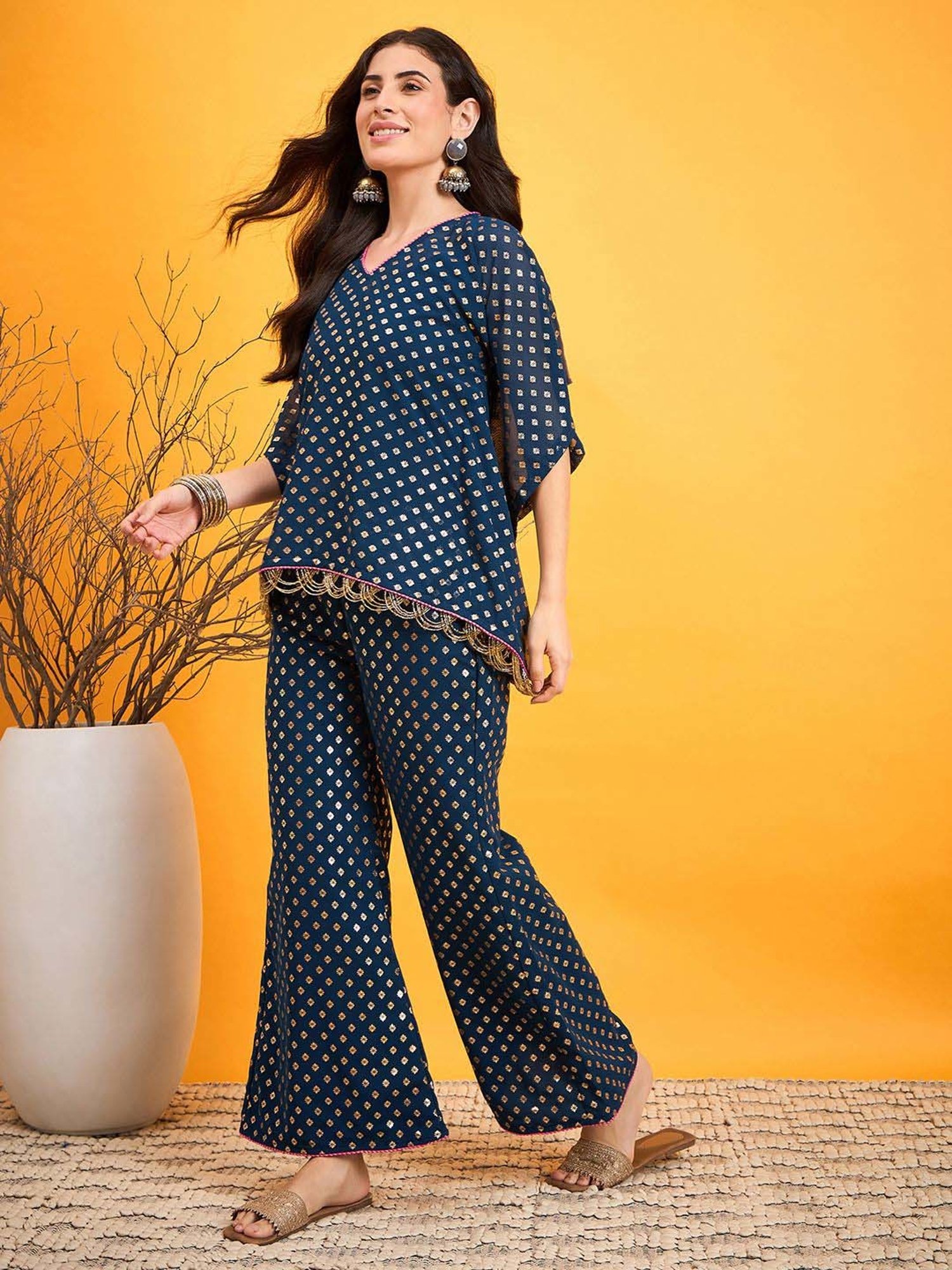 The Kaftan Company Blue Printed Top Pants Set