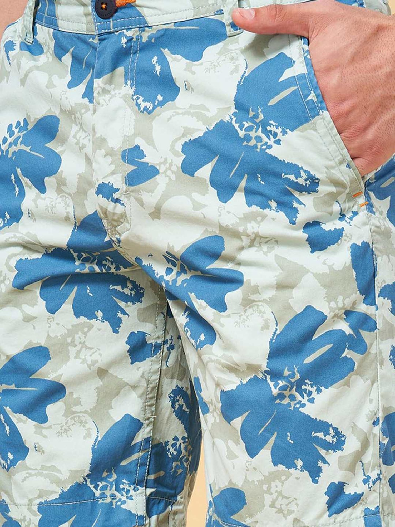 Urban Ranger by Pantaloons Aqua Cotton Slim Fit Printed Shorts