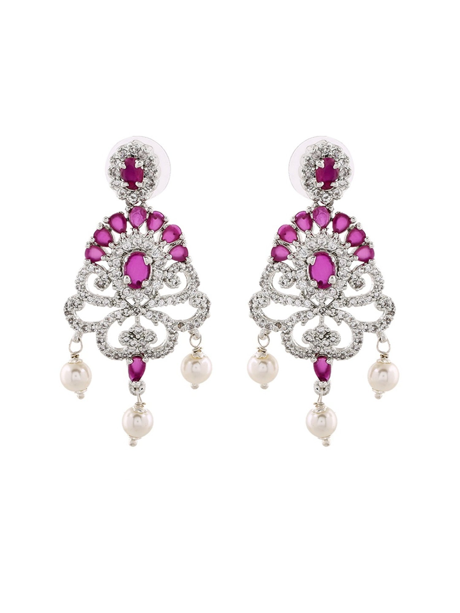 Estele Rhodium-Plated CZ Tiara Pearl & Ruby Crystals Dangler Earrings