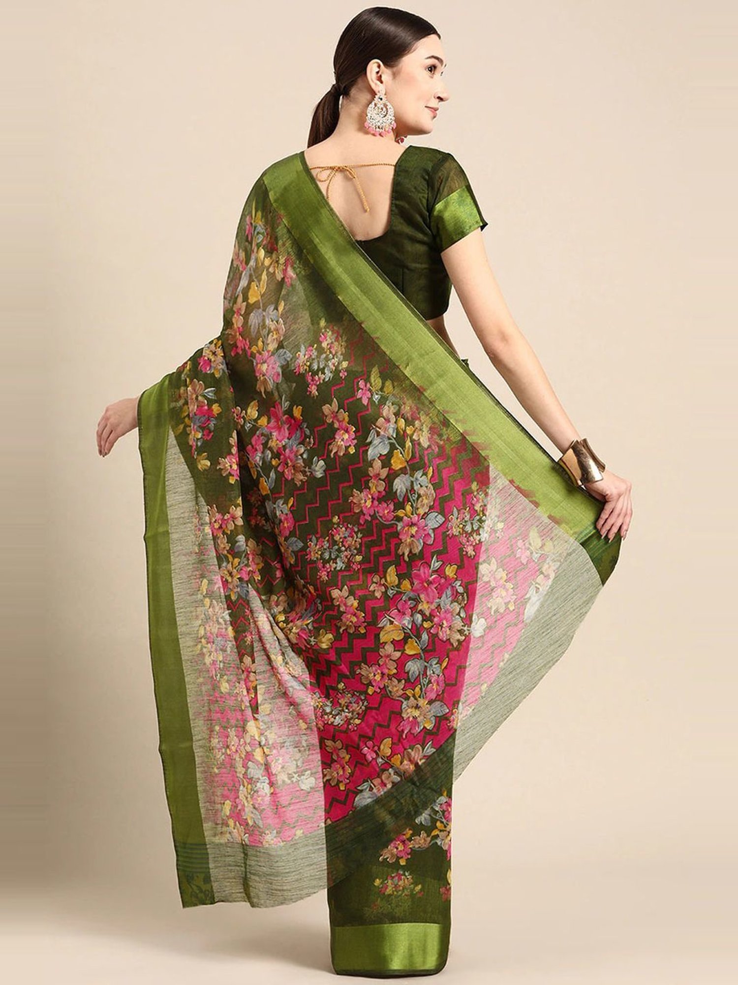 Vaamsi Green Silk Floral Print Saree With Unstitched Blouse