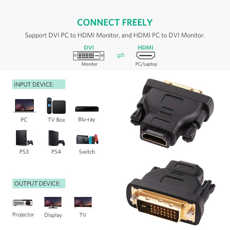 DVI to HDMI Adapter, DVI-D 24+1Male to HDMI Female High Speed Adapter Converter Gold Plated Support 1080P for HDTV, Plasma, DVD, Projector, Computer