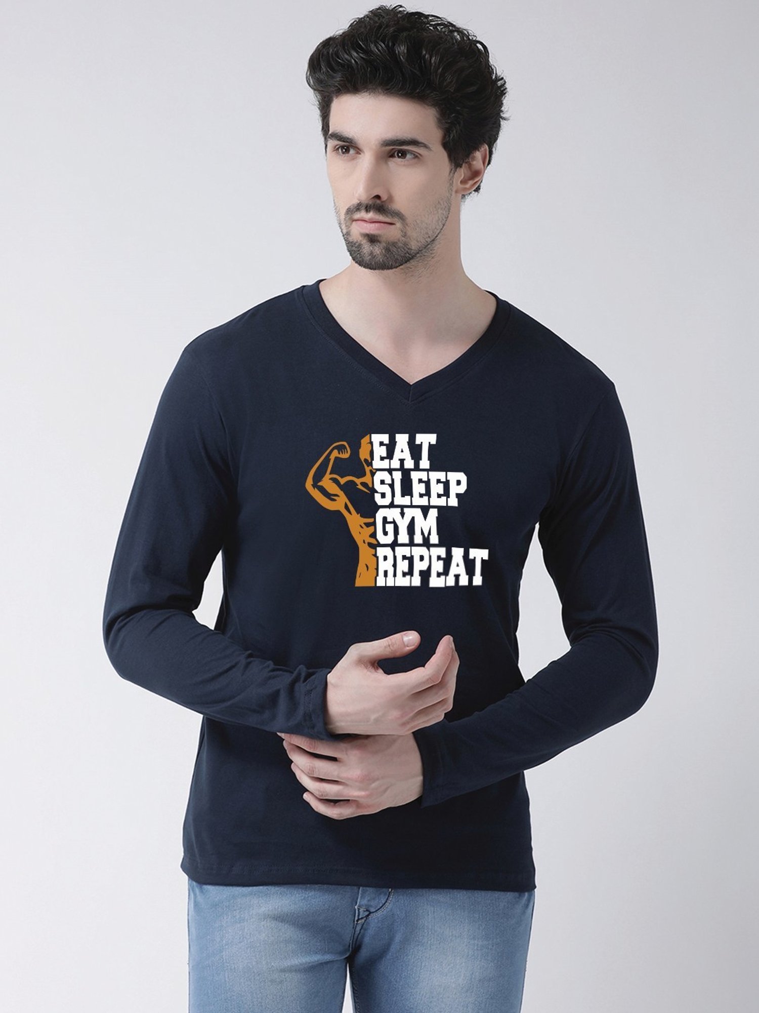 Friskers Navy Blue Cotton Slim Fit Printed T-Shirt