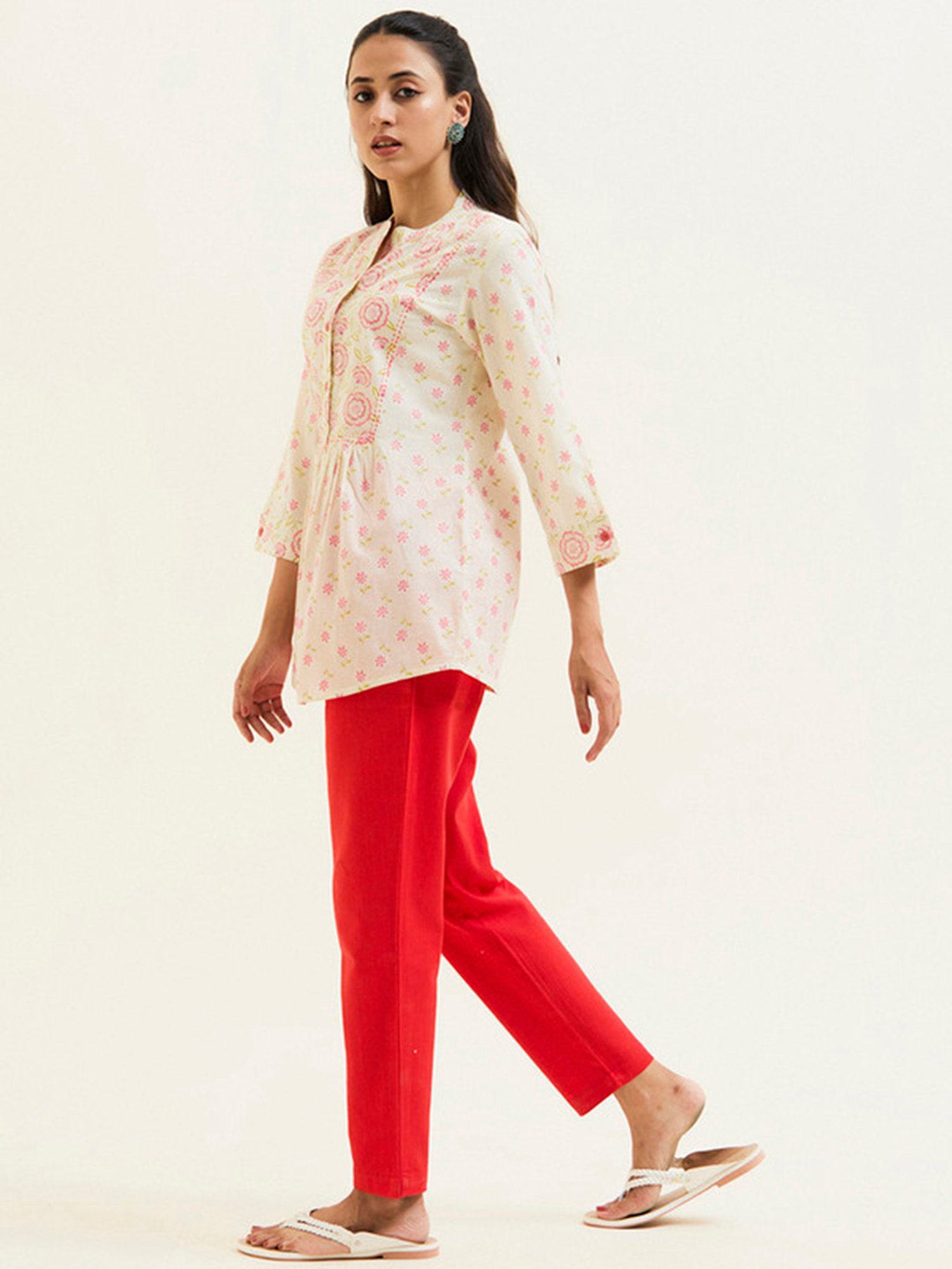 Jaipur Kurti Coral & Off White Cotton Floral Print Tunic