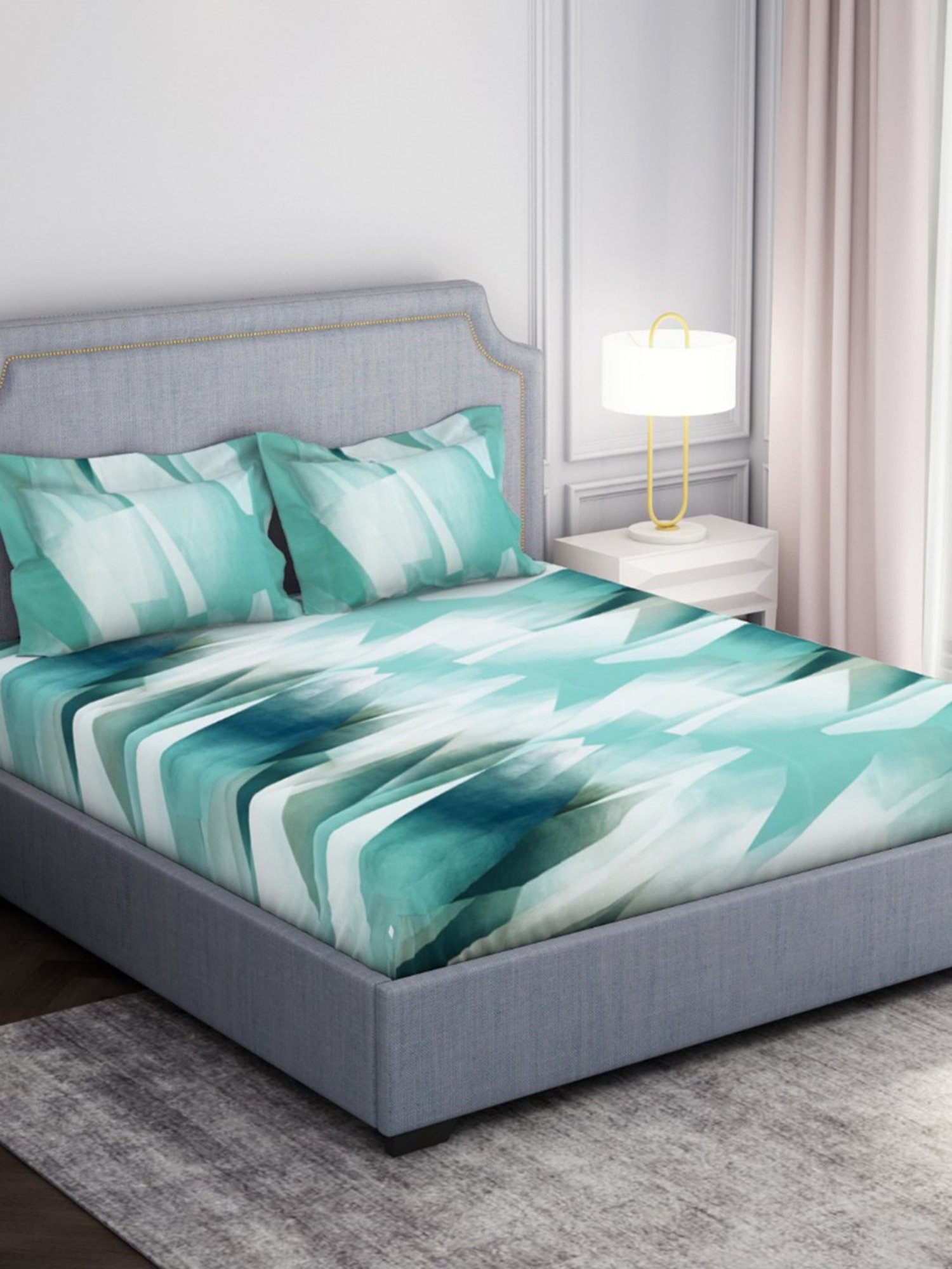 Welspun Geometric Green 130 TC Microfiber Double Bedsheet with 2 Pillow Covers