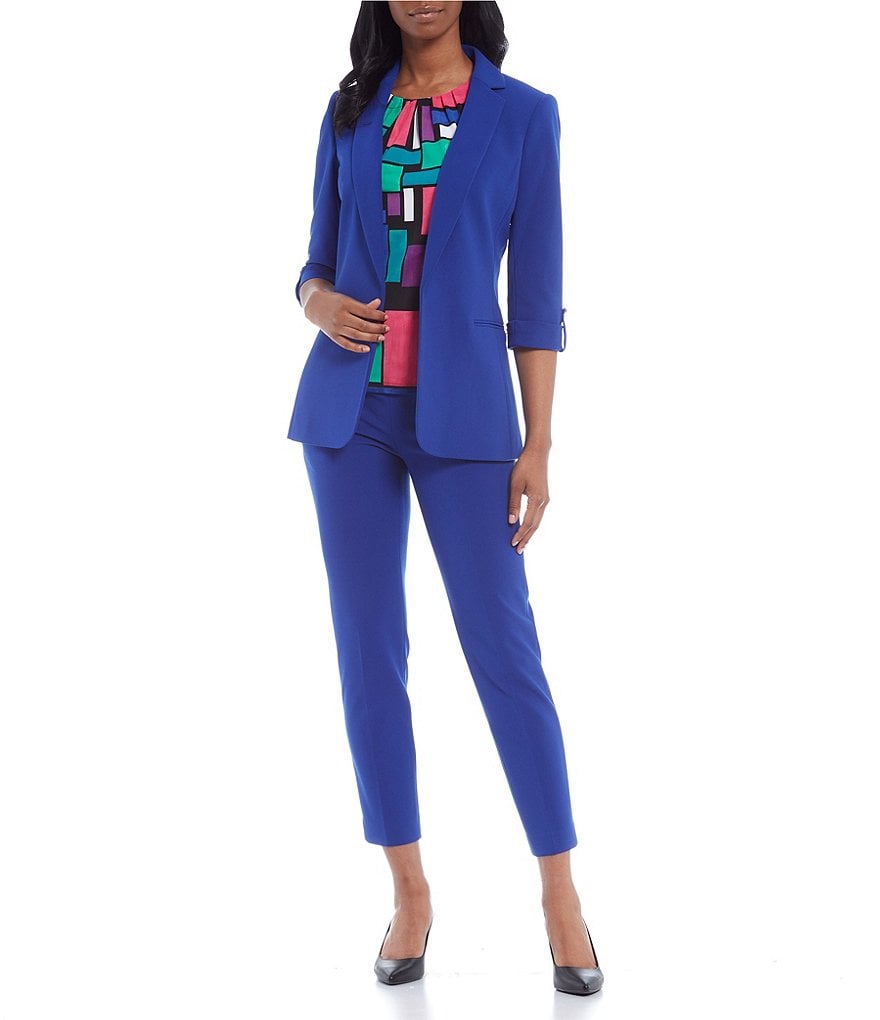 Calvin Klein Petite Size Stretch Scuba Crepe Notch Lapel Collar Roll-Tab Sleeve One-Button Front Jacket