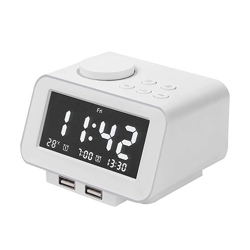 Alarm Clock Radio - FM Radio, Dual USB Port for Charging, Temperature Display, Dual Alarms, 5 Level Brightness Dimmer, Adjustable Alarm Volume, Sleep Timer for Bedrooms - White