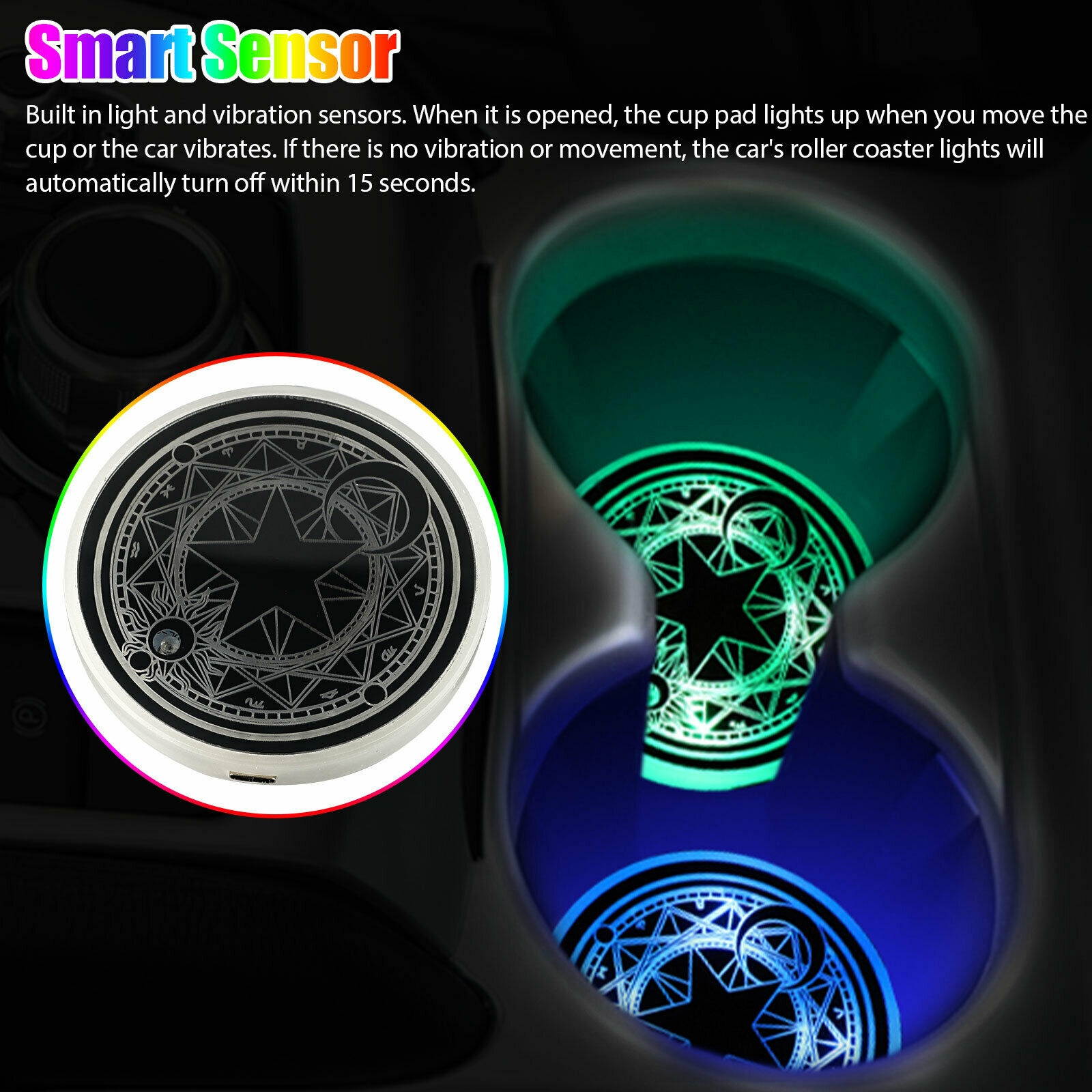 2x LED Car Cup Holder Atmosphere Light Pad Switchable 7 Colors Changing Coaster